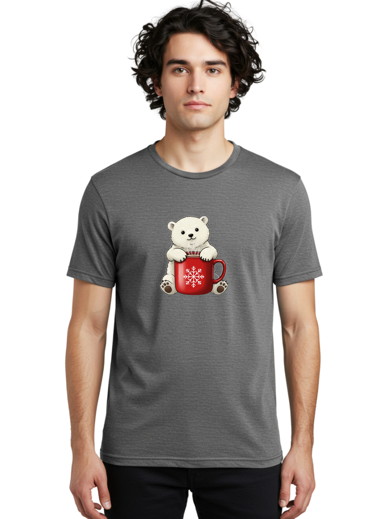 Polar-Bear-In-Mug Men'S Graphic Tee, 100% Cotton, Comfortable Casual Summer Wear, Machine Washable, Polar Bear Holding Red Mug, Snowflake Design, Winter Theme, Christmas Gift, Cute Cartoon Character, Adorable Polar Bear, Holiday Vibes, Bae657