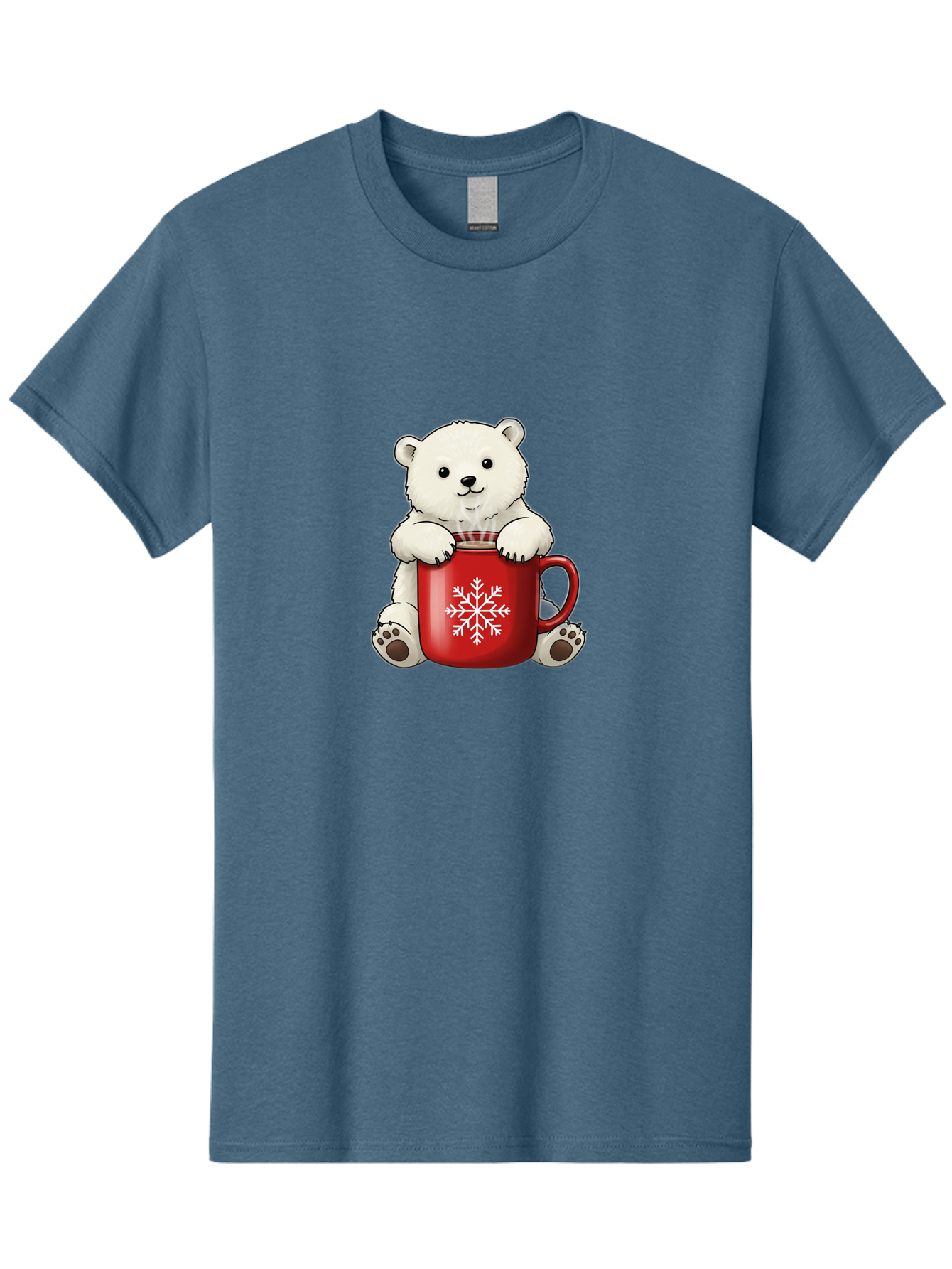 Polar-Bear-In-Mug Men'S Graphic Tee, 100% Cotton, Comfortable Casual Summer Wear, Machine Washable, Polar Bear Holding Red Mug, Snowflake Design, Winter Theme, Christmas Gift, Cute Cartoon Character, Adorable Polar Bear, Holiday Vibes, Bae657