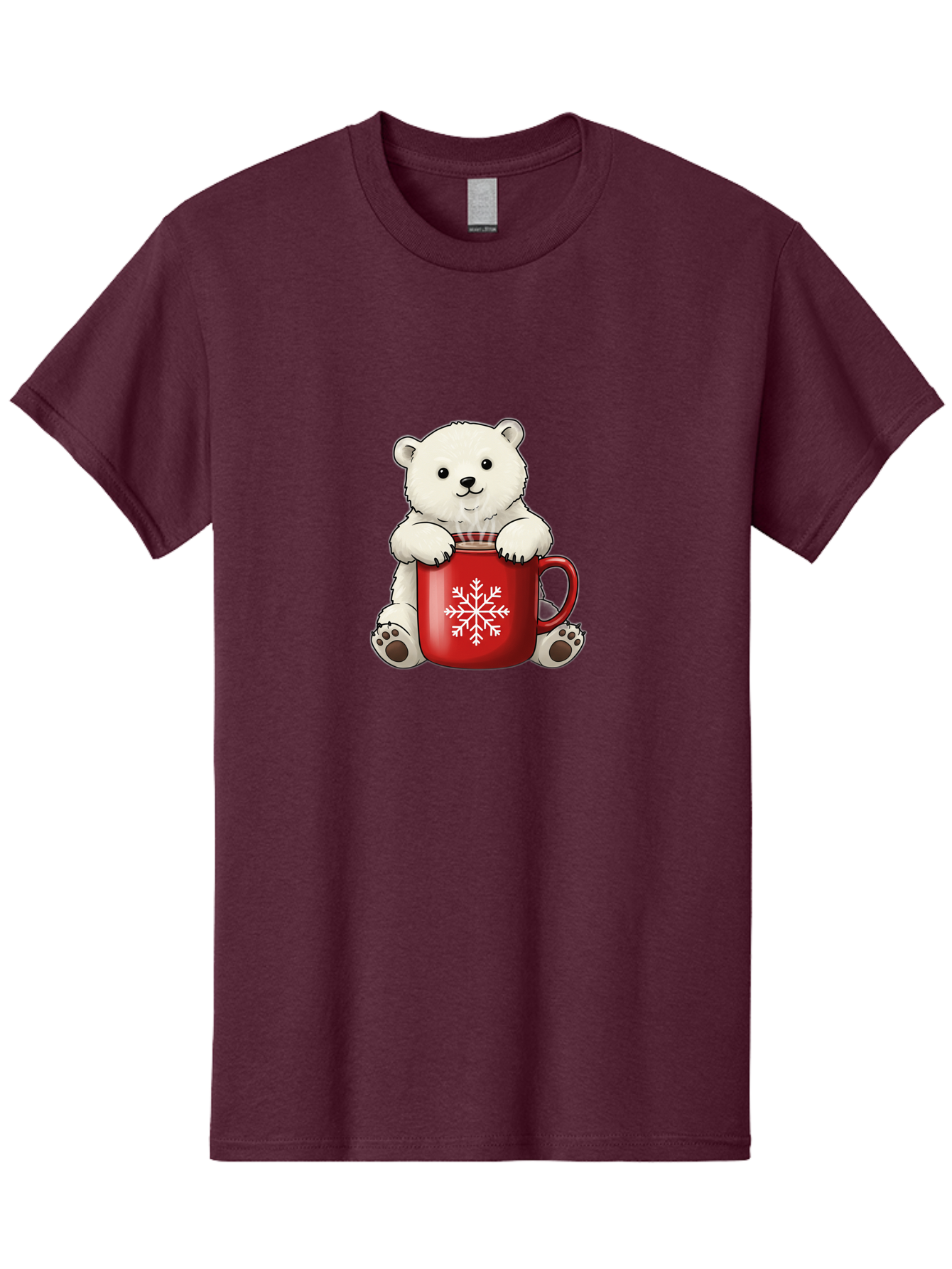 Polar-Bear-In-Mug Men'S Graphic Tee, 100% Cotton, Comfortable Casual Summer Wear, Machine Washable, Polar Bear Holding Red Mug, Snowflake Design, Winter Theme, Christmas Gift, Cute Cartoon Character, Adorable Polar Bear, Holiday Vibes, Bae657