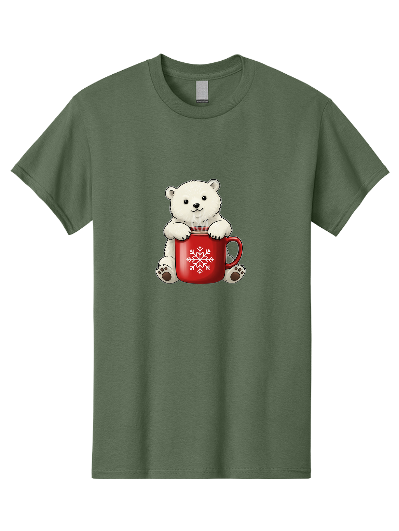Polar-Bear-In-Mug Men'S Graphic Tee, 100% Cotton, Comfortable Casual Summer Wear, Machine Washable, Polar Bear Holding Red Mug, Snowflake Design, Winter Theme, Christmas Gift, Cute Cartoon Character, Adorable Polar Bear, Holiday Vibes, Bae657