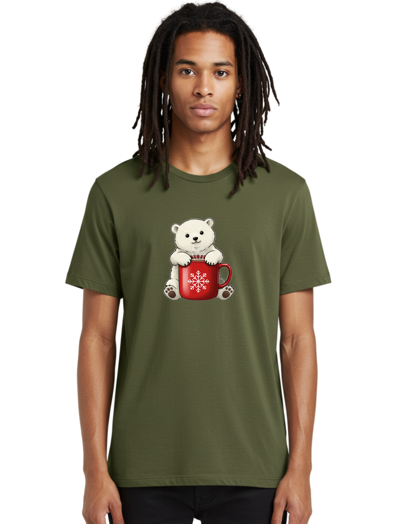 Polar-Bear-In-Mug Men'S Graphic Tee, 100% Cotton, Comfortable Casual Summer Wear, Machine Washable, Polar Bear Holding Red Mug, Snowflake Design, Winter Theme, Christmas Gift, Cute Cartoon Character, Adorable Polar Bear, Holiday Vibes, Bae657