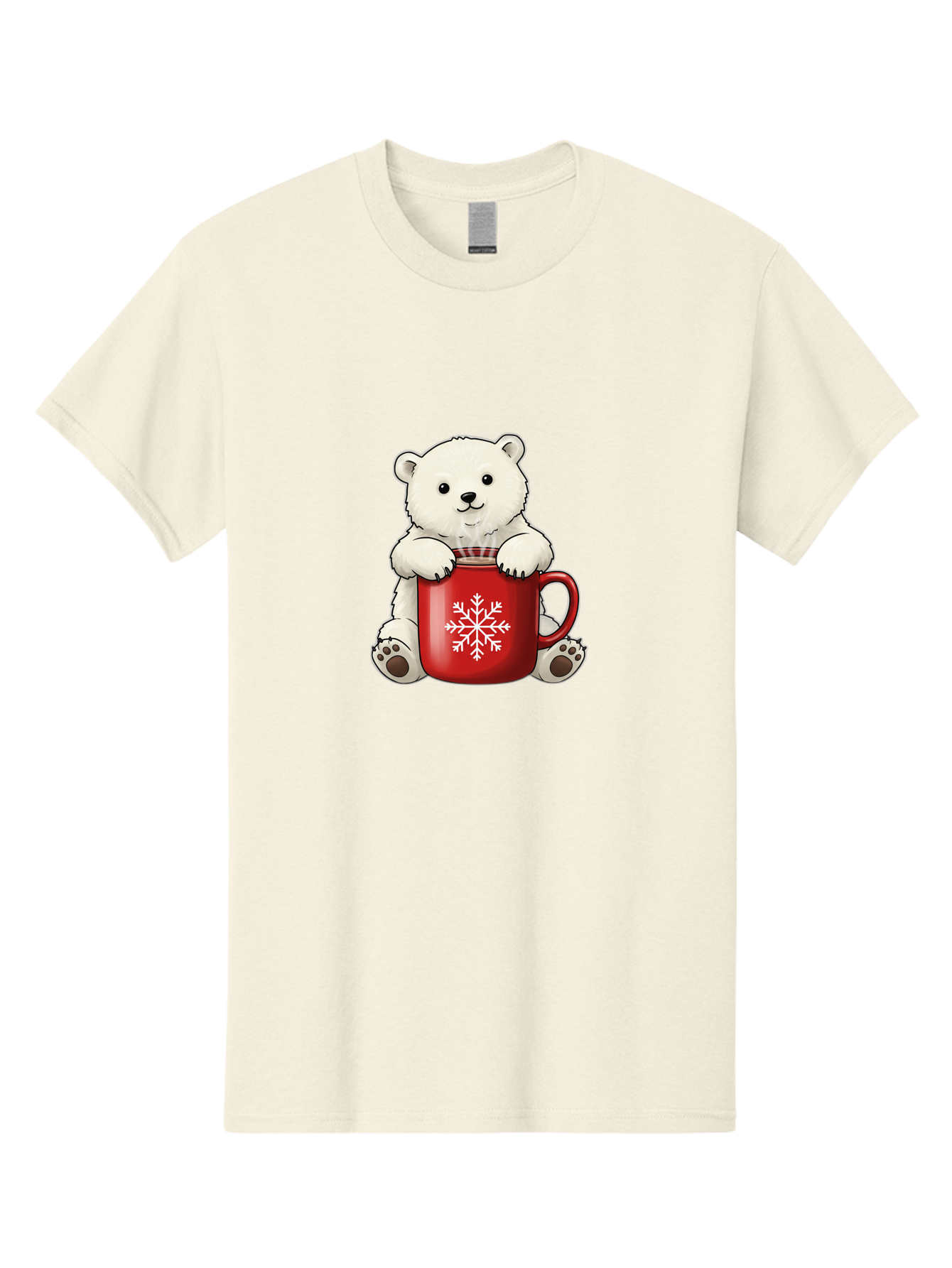 Polar-Bear-In-Mug Men'S Graphic Tee, 100% Cotton, Comfortable Casual Summer Wear, Machine Washable, Polar Bear Holding Red Mug, Snowflake Design, Winter Theme, Christmas Gift, Cute Cartoon Character, Adorable Polar Bear, Holiday Vibes, Bae657