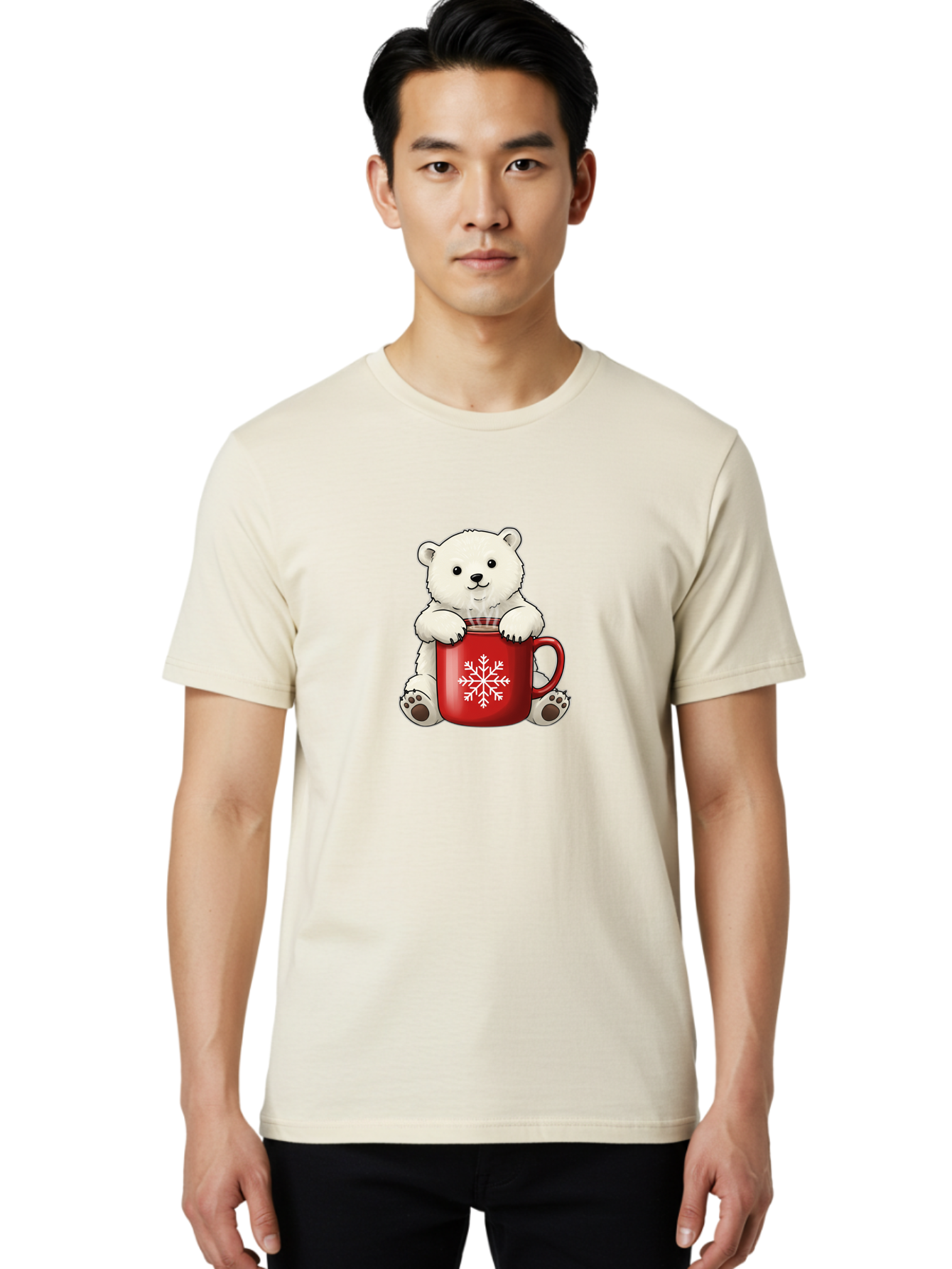 Polar-Bear-In-Mug Men'S Graphic Tee, 100% Cotton, Comfortable Casual Summer Wear, Machine Washable, Polar Bear Holding Red Mug, Snowflake Design, Winter Theme, Christmas Gift, Cute Cartoon Character, Adorable Polar Bear, Holiday Vibes, Bae657