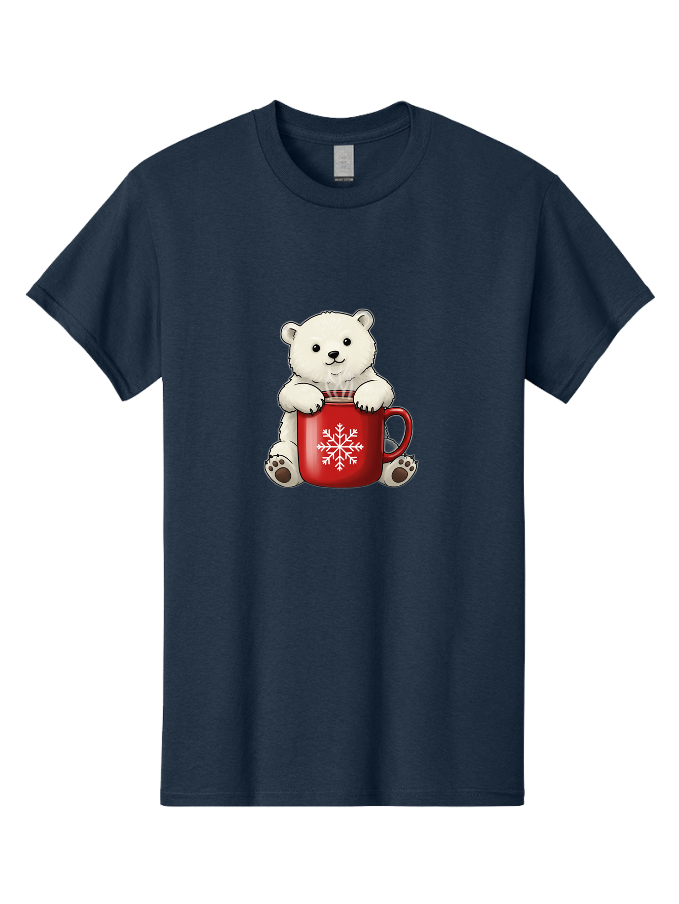 Polar-Bear-In-Mug Men'S Graphic Tee, 100% Cotton, Comfortable Casual Summer Wear, Machine Washable, Polar Bear Holding Red Mug, Snowflake Design, Winter Theme, Christmas Gift, Cute Cartoon Character, Adorable Polar Bear, Holiday Vibes, Bae657