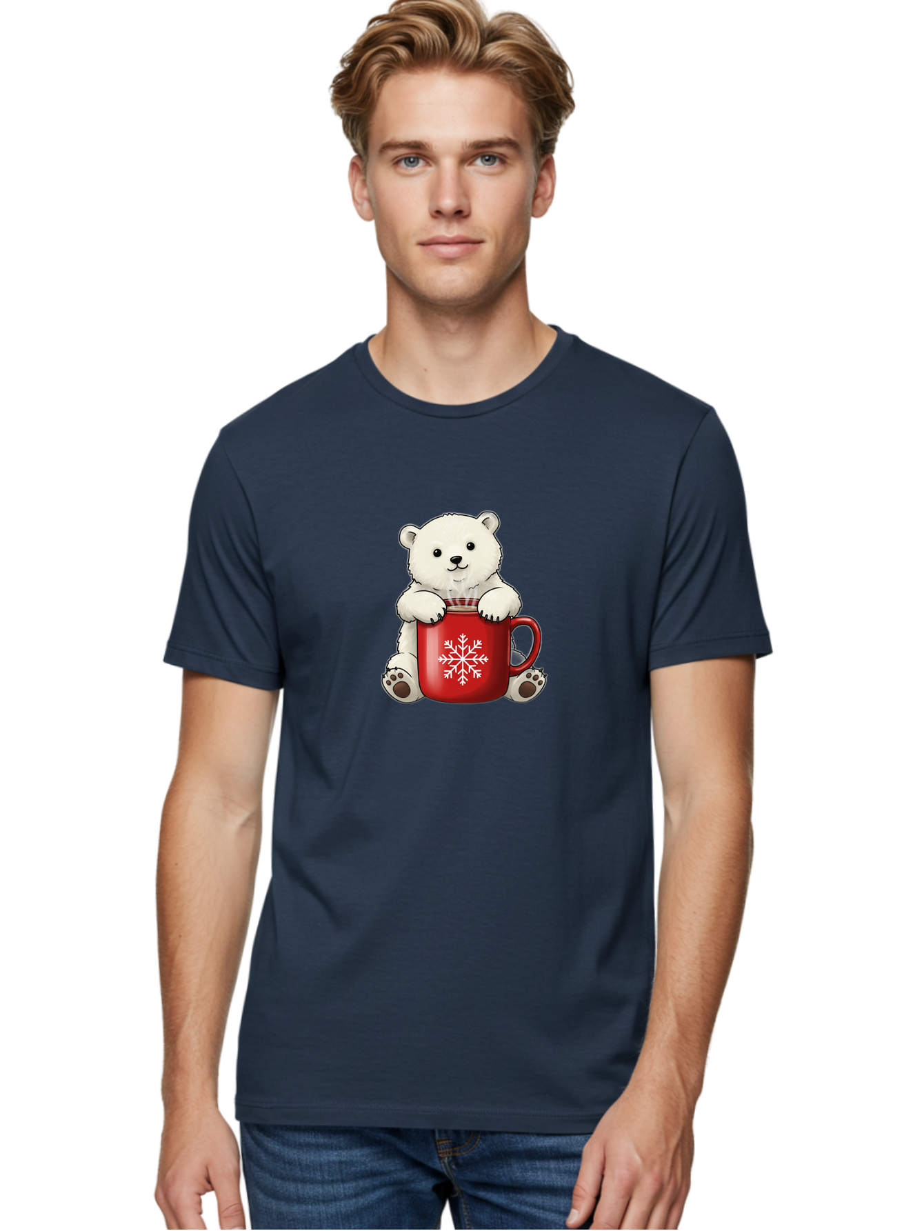 Polar-Bear-In-Mug Men'S Graphic Tee, 100% Cotton, Comfortable Casual Summer Wear, Machine Washable, Polar Bear Holding Red Mug, Snowflake Design, Winter Theme, Christmas Gift, Cute Cartoon Character, Adorable Polar Bear, Holiday Vibes, Bae657