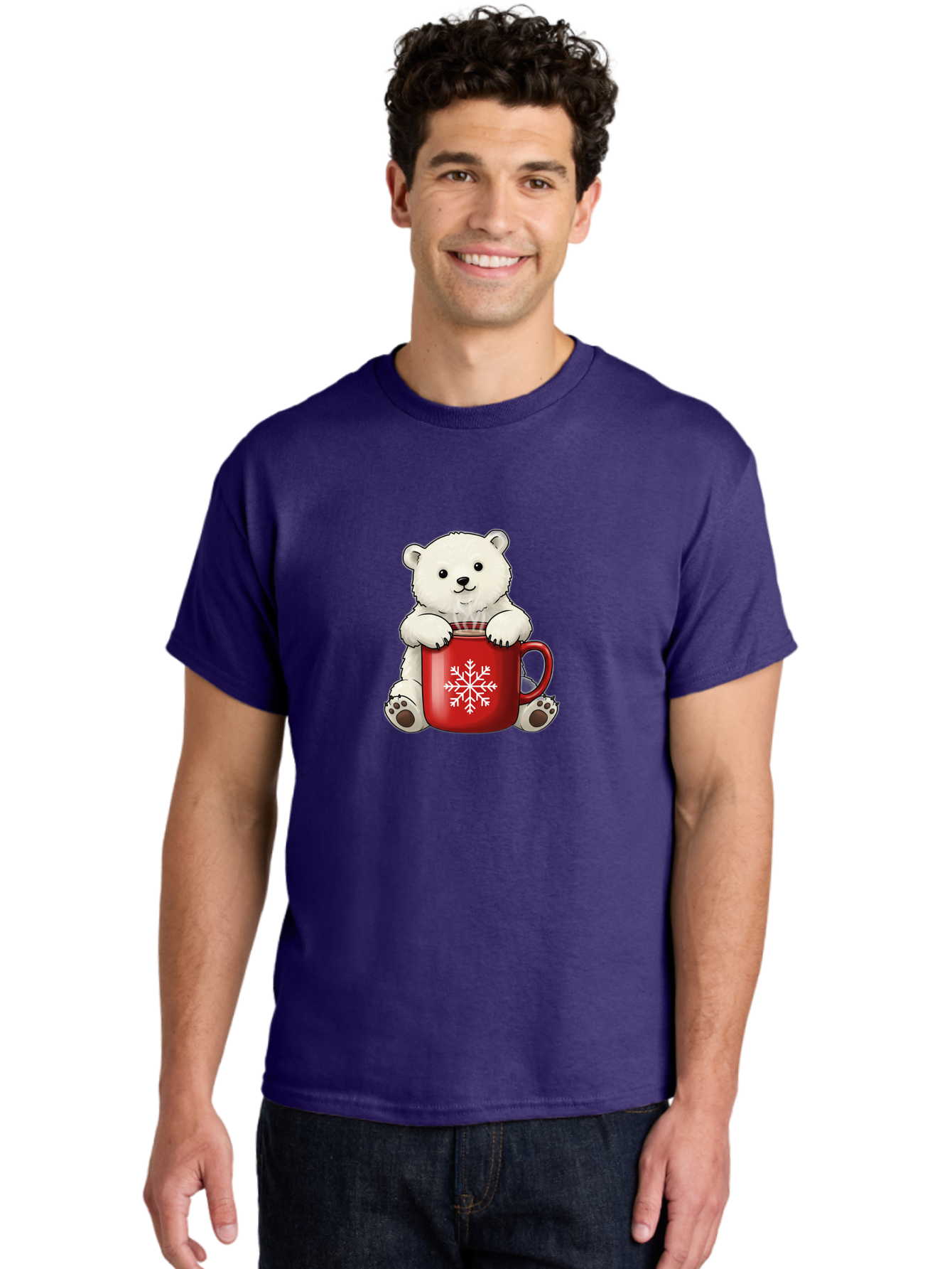 Polar-Bear-In-Mug Men'S Graphic Tee, 100% Cotton, Comfortable Casual Summer Wear, Machine Washable, Polar Bear Holding Red Mug, Snowflake Design, Winter Theme, Christmas Gift, Cute Cartoon Character, Adorable Polar Bear, Holiday Vibes, Bae657