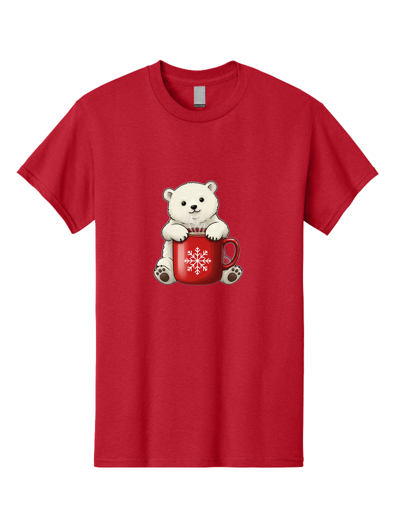 Polar-Bear-In-Mug Men'S Graphic Tee, 100% Cotton, Comfortable Casual Summer Wear, Machine Washable, Polar Bear Holding Red Mug, Snowflake Design, Winter Theme, Christmas Gift, Cute Cartoon Character, Adorable Polar Bear, Holiday Vibes, Bae657