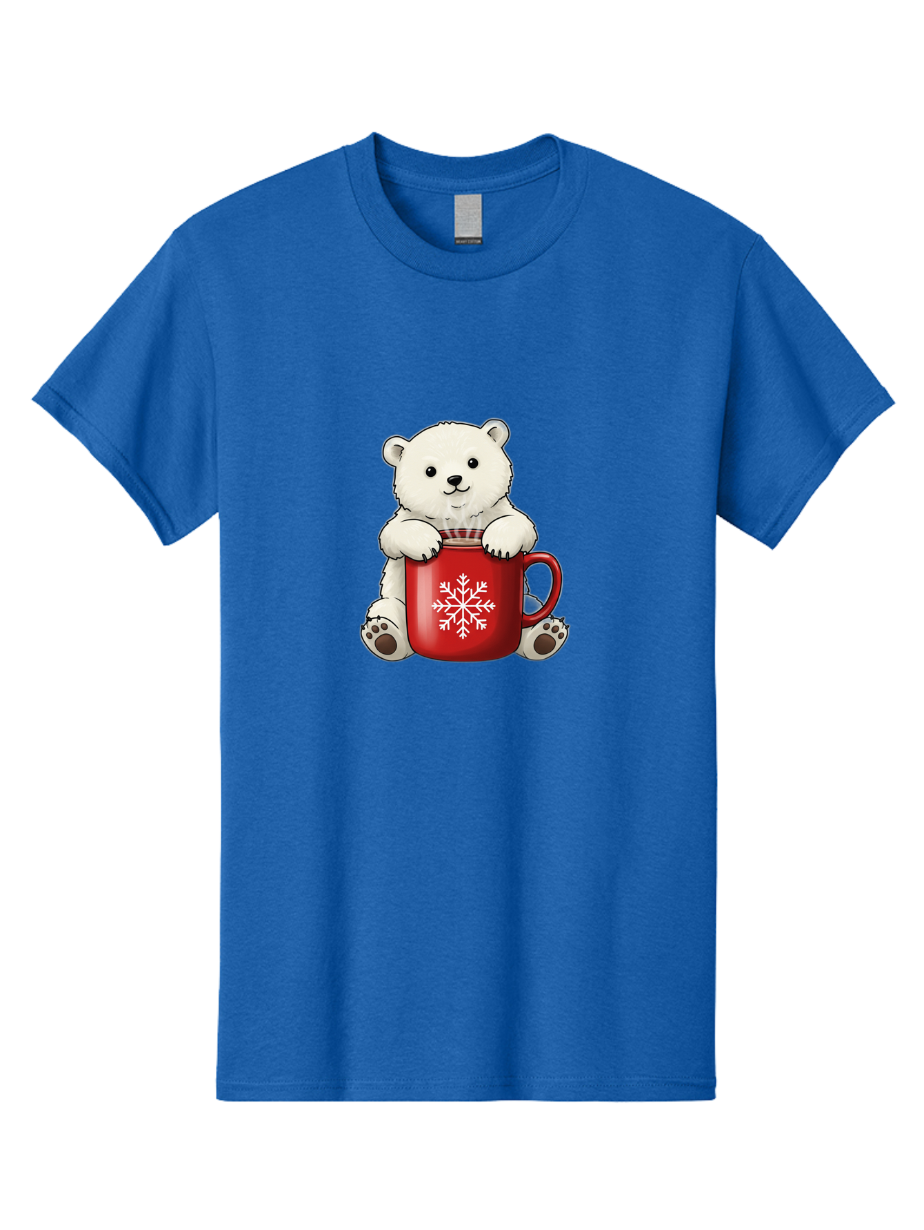 Polar-Bear-In-Mug Men'S Graphic Tee, 100% Cotton, Comfortable Casual Summer Wear, Machine Washable, Polar Bear Holding Red Mug, Snowflake Design, Winter Theme, Christmas Gift, Cute Cartoon Character, Adorable Polar Bear, Holiday Vibes, Bae657