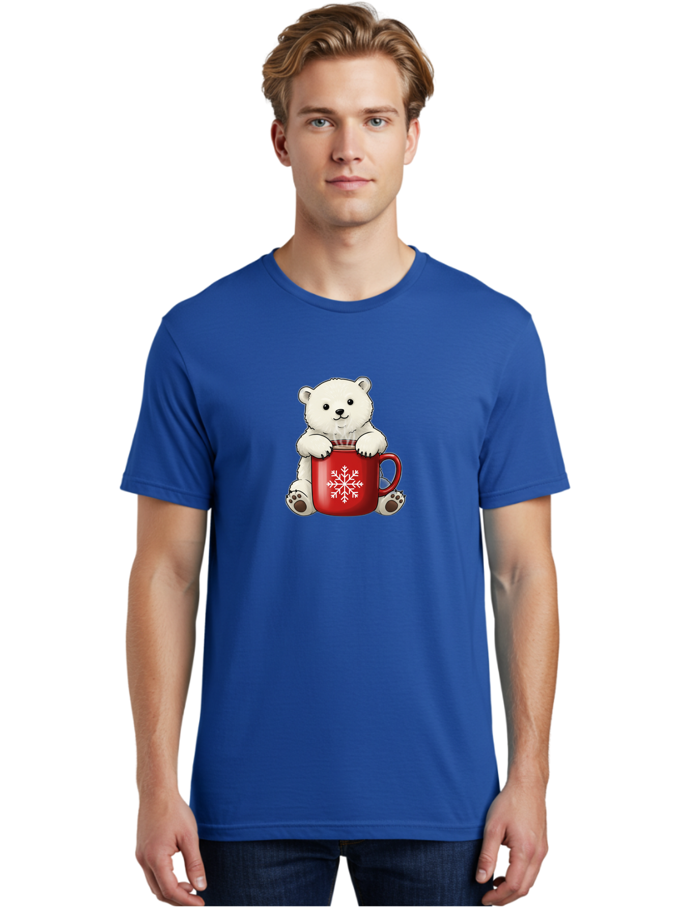 Polar-Bear-In-Mug Men'S Graphic Tee, 100% Cotton, Comfortable Casual Summer Wear, Machine Washable, Polar Bear Holding Red Mug, Snowflake Design, Winter Theme, Christmas Gift, Cute Cartoon Character, Adorable Polar Bear, Holiday Vibes, Bae657