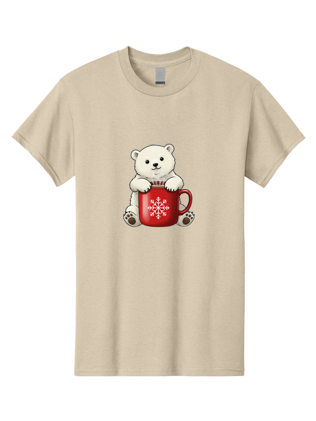 Polar-Bear-In-Mug Men'S Graphic Tee, 100% Cotton, Comfortable Casual Summer Wear, Machine Washable, Polar Bear Holding Red Mug, Snowflake Design, Winter Theme, Christmas Gift, Cute Cartoon Character, Adorable Polar Bear, Holiday Vibes, Bae657