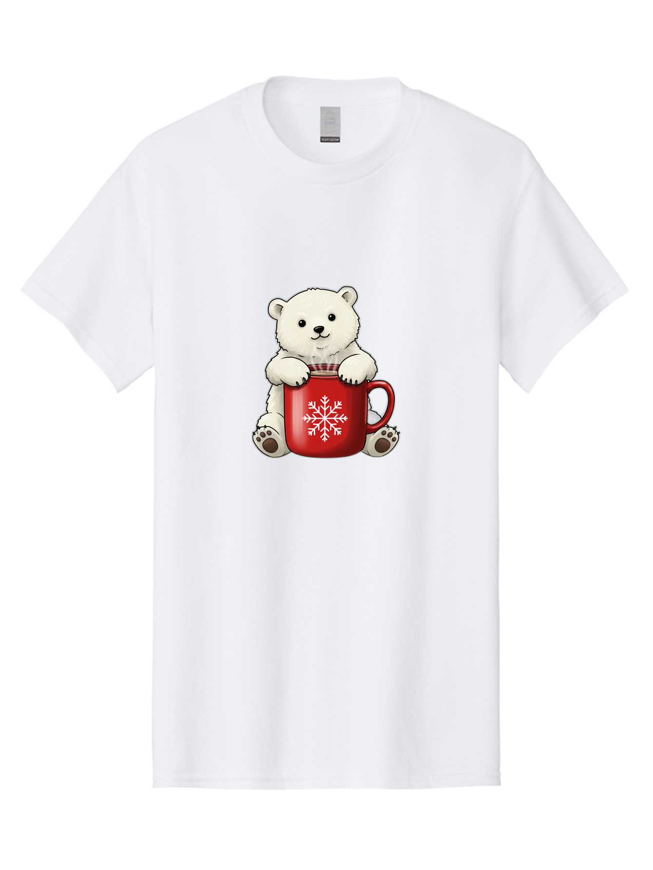 Polar-Bear-In-Mug Men'S Graphic Tee, 100% Cotton, Comfortable Casual Summer Wear, Machine Washable, Polar Bear Holding Red Mug, Snowflake Design, Winter Theme, Christmas Gift, Cute Cartoon Character, Adorable Polar Bear, Holiday Vibes, Bae657