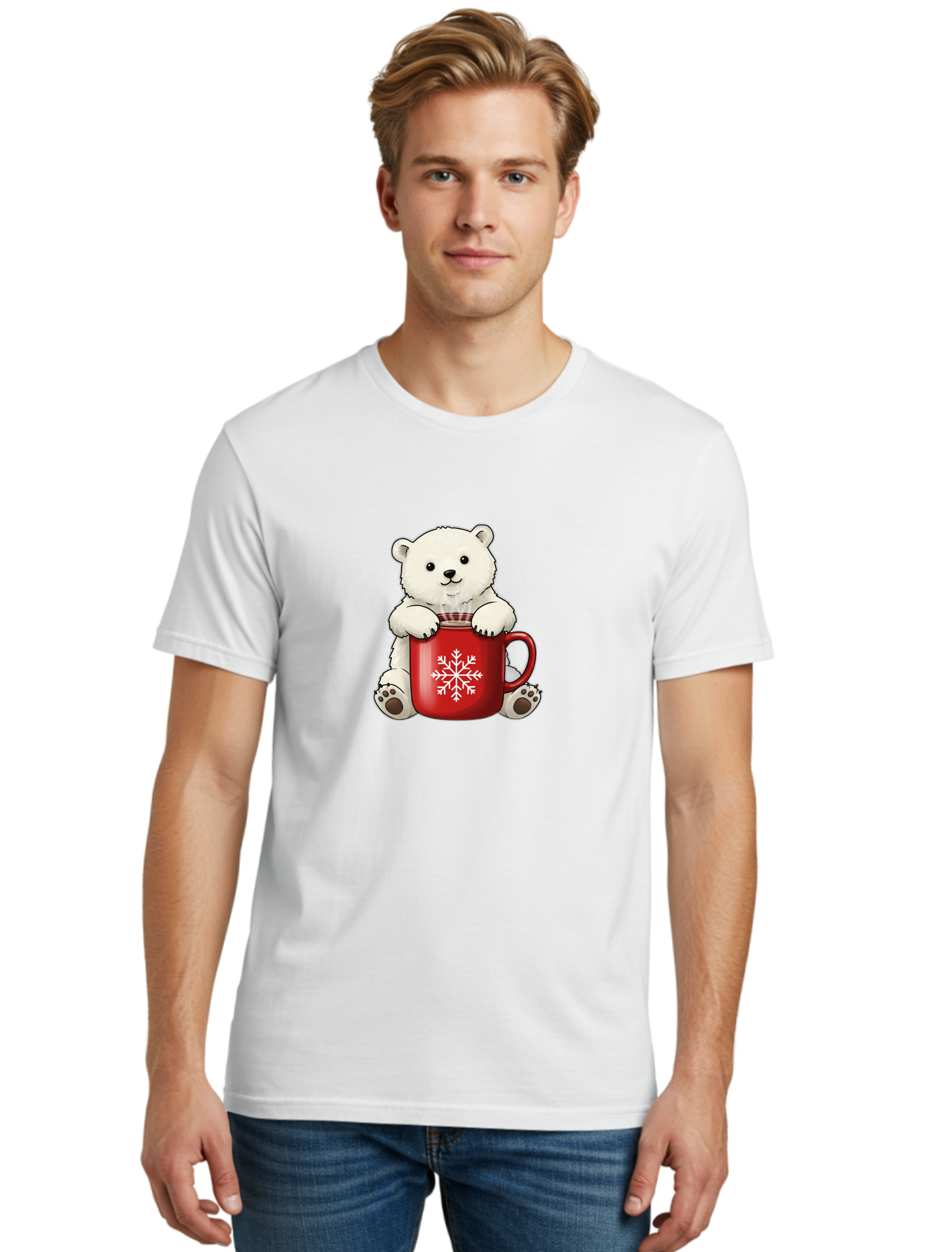 Polar-Bear-In-Mug Men'S Graphic Tee, 100% Cotton, Comfortable Casual Summer Wear, Machine Washable, Polar Bear Holding Red Mug, Snowflake Design, Winter Theme, Christmas Gift, Cute Cartoon Character, Adorable Polar Bear, Holiday Vibes, Bae657