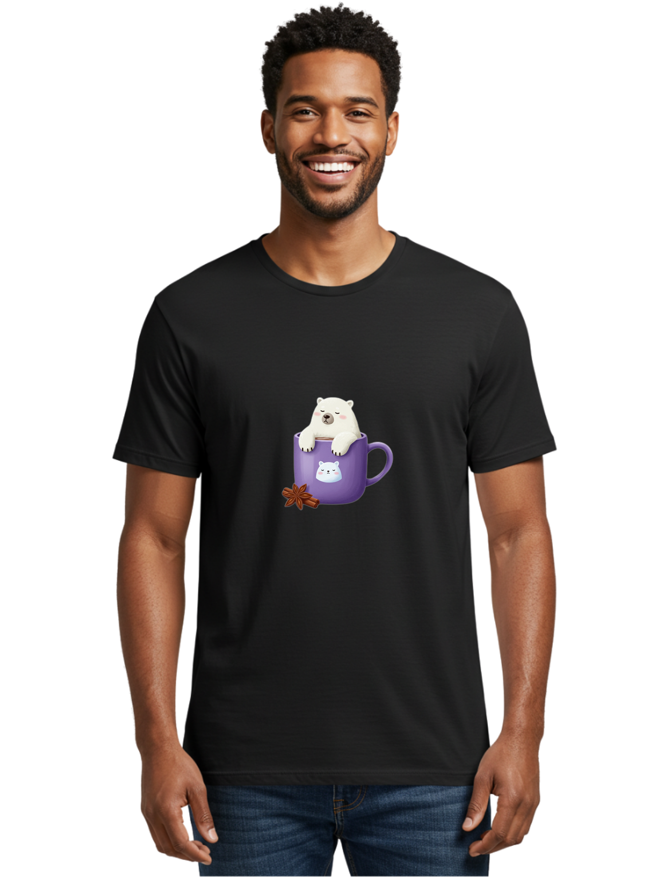 Polar-Bear-Mug-1 Men'S Graphic Tee, 100% Cotton, Comfortable Casual Summer Wear, Machine Washable, Polar Bear In A Tea Cup, Cute Bear Design, Adorable Cartoon Character, Purple Mug With Bear Face, Star Anise And Cinnamon Sticks, Bae658