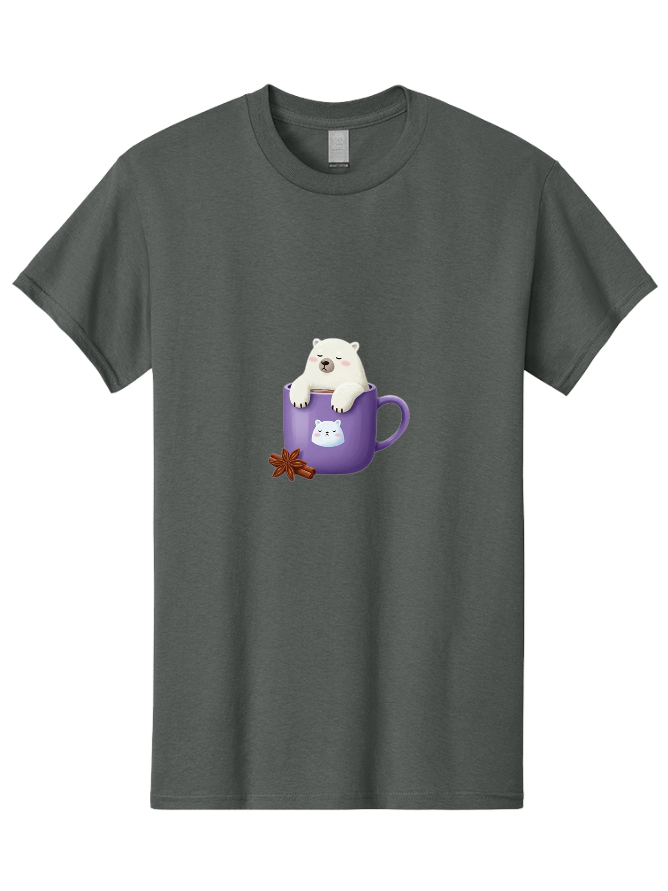 Polar-Bear-Mug-1 Men'S Graphic Tee, 100% Cotton, Comfortable Casual Summer Wear, Machine Washable, Polar Bear In A Tea Cup, Cute Bear Design, Adorable Cartoon Character, Purple Mug With Bear Face, Star Anise And Cinnamon Sticks, Bae658
