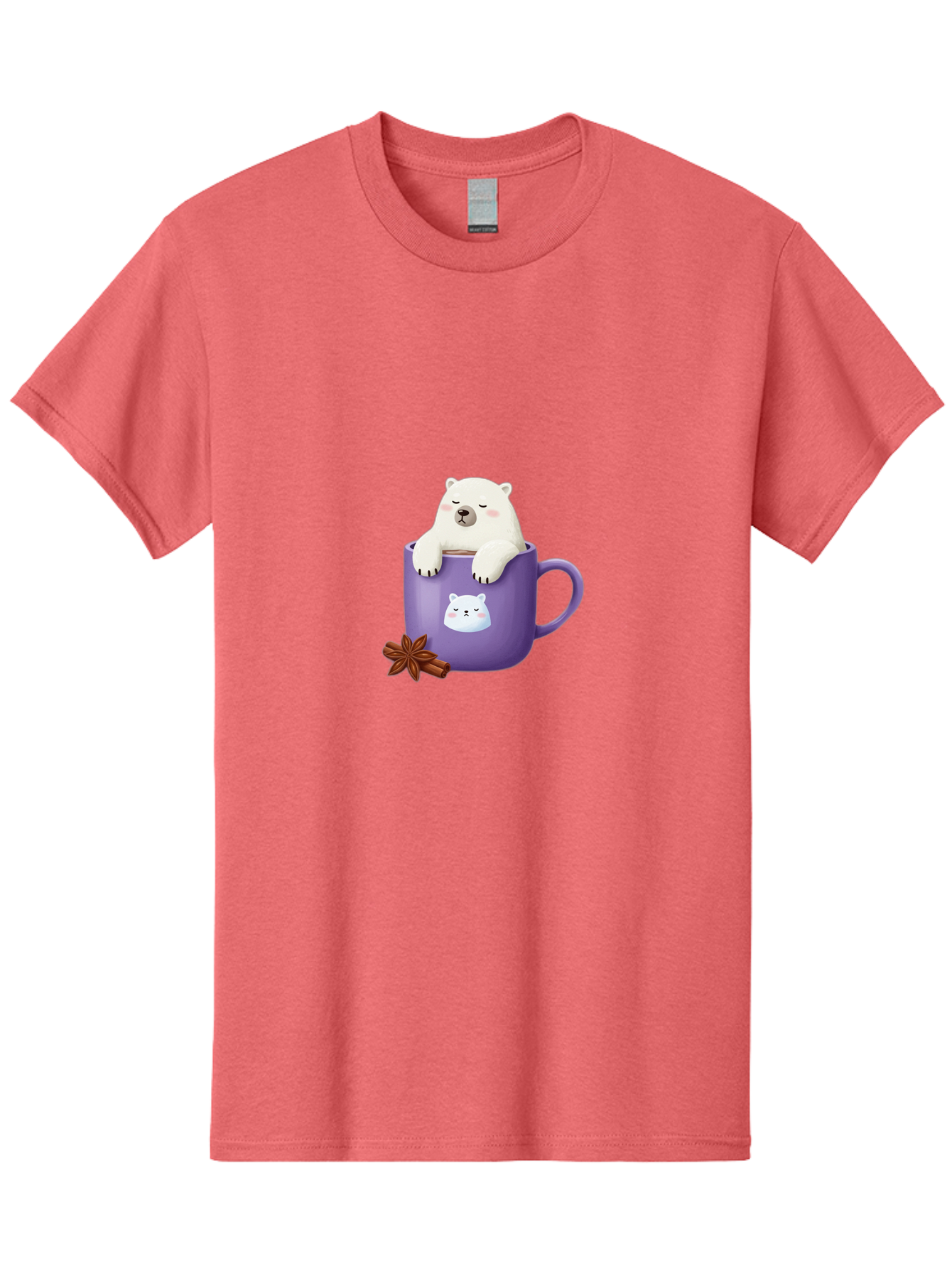 Polar-Bear-Mug-1 Men'S Graphic Tee, 100% Cotton, Comfortable Casual Summer Wear, Machine Washable, Polar Bear In A Tea Cup, Cute Bear Design, Adorable Cartoon Character, Purple Mug With Bear Face, Star Anise And Cinnamon Sticks, Bae658