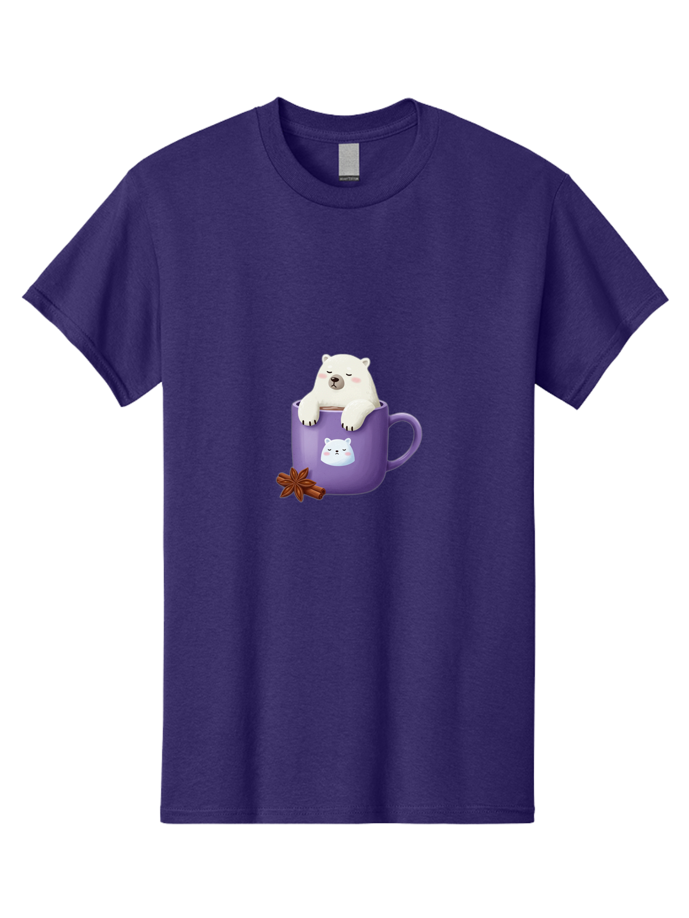Polar-Bear-Mug-1 Men'S Graphic Tee, 100% Cotton, Comfortable Casual Summer Wear, Machine Washable, Polar Bear In A Tea Cup, Cute Bear Design, Adorable Cartoon Character, Purple Mug With Bear Face, Star Anise And Cinnamon Sticks, Bae658