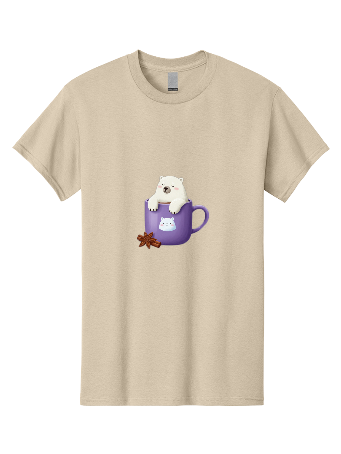 Polar-Bear-Mug-1 Men'S Graphic Tee, 100% Cotton, Comfortable Casual Summer Wear, Machine Washable, Polar Bear In A Tea Cup, Cute Bear Design, Adorable Cartoon Character, Purple Mug With Bear Face, Star Anise And Cinnamon Sticks, Bae658