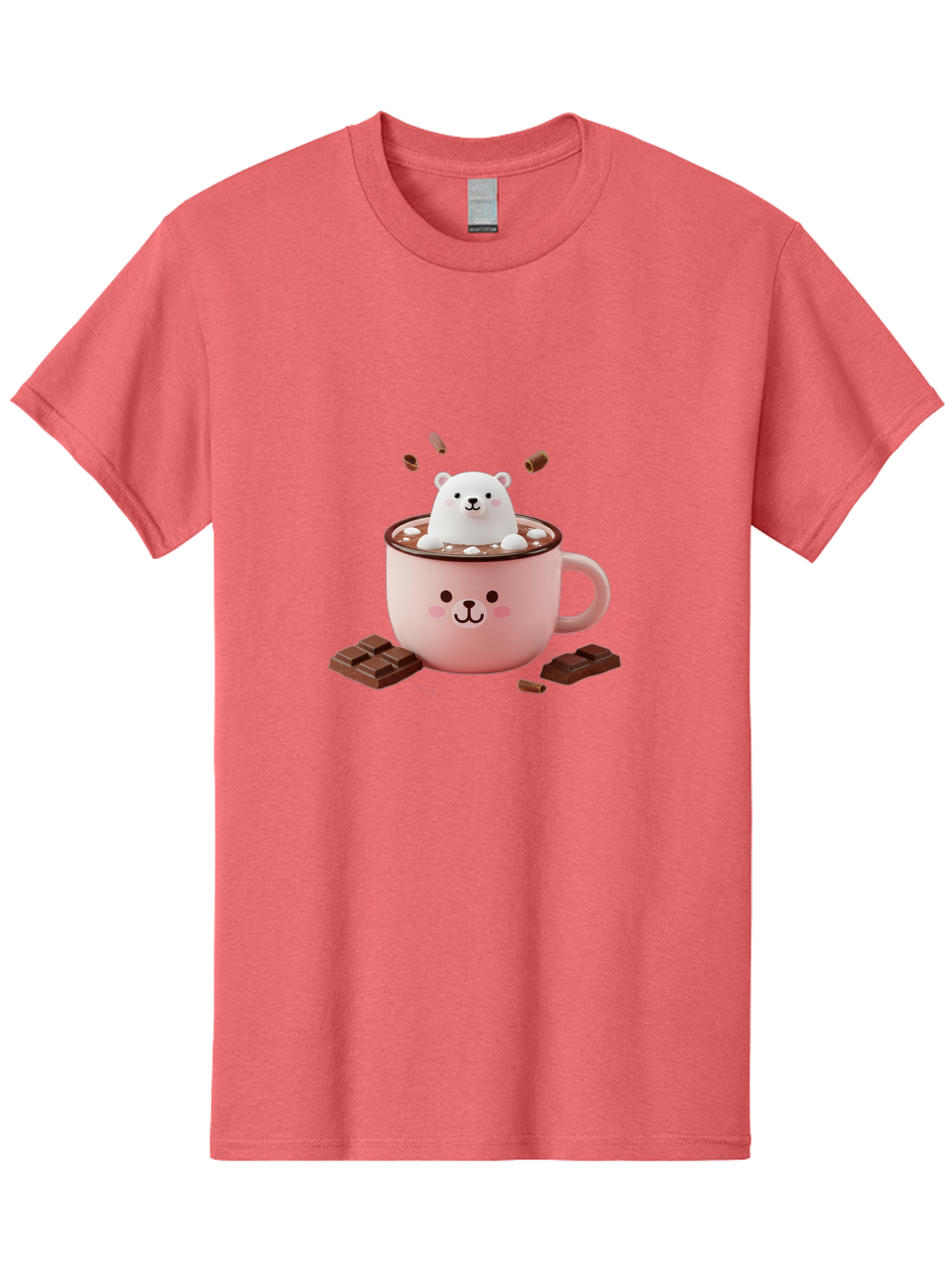 Polar-Bear-Mug Men'S Graphic Tee, 100% Cotton, Comfortable Casual Summer Wear, Machine Washable, Polar Bear In A Pink Mug, Hot Chocolate, Marshmallows, Chocolate Bars, Bear Face, Cartoon Style, Kawaii, Cute, Winter Vibe, Cozy Atmosphere Bae659