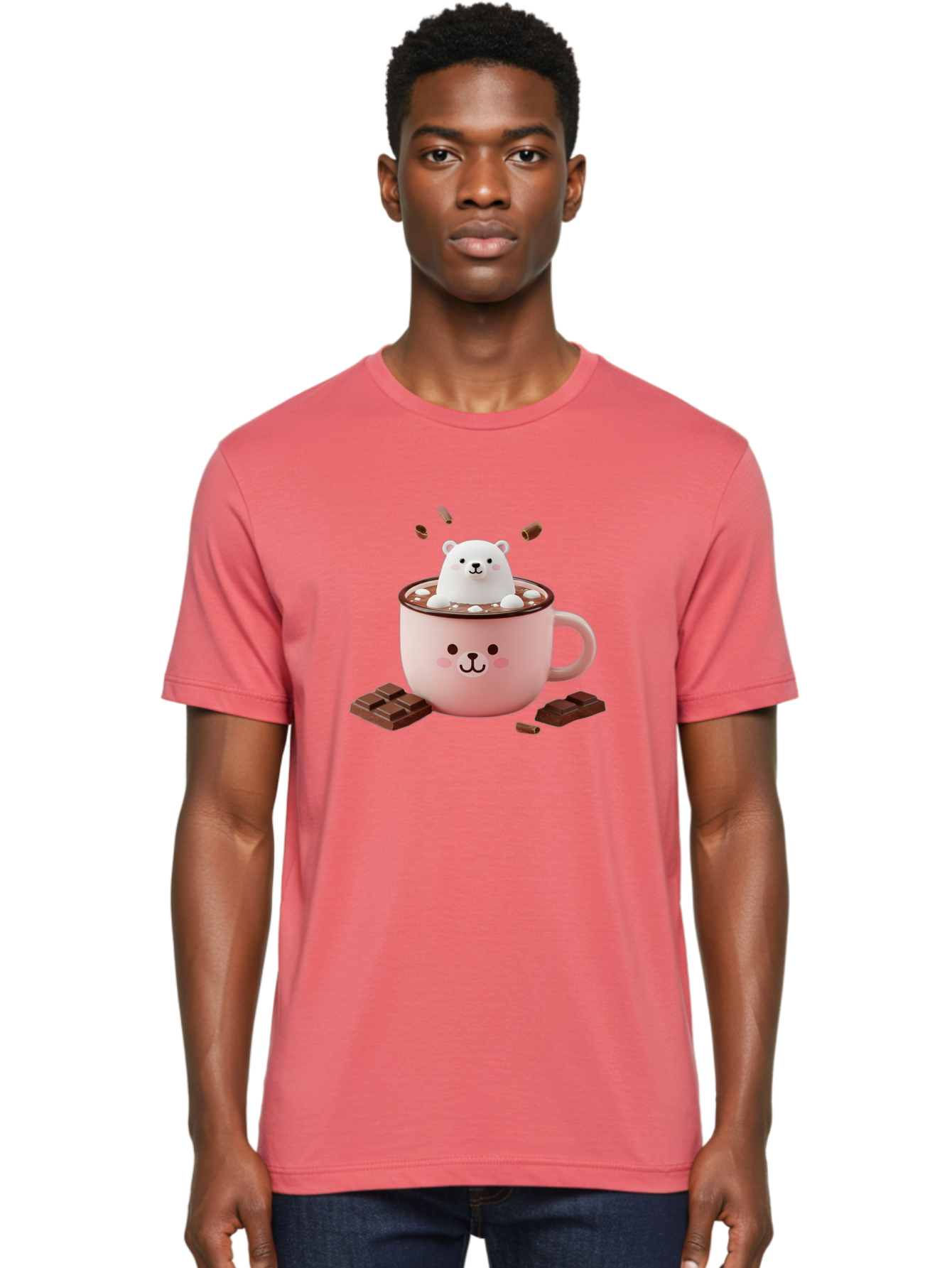 Polar-Bear-Mug Men'S Graphic Tee, 100% Cotton, Comfortable Casual Summer Wear, Machine Washable, Polar Bear In A Pink Mug, Hot Chocolate, Marshmallows, Chocolate Bars, Bear Face, Cartoon Style, Kawaii, Cute, Winter Vibe, Cozy Atmosphere Bae659