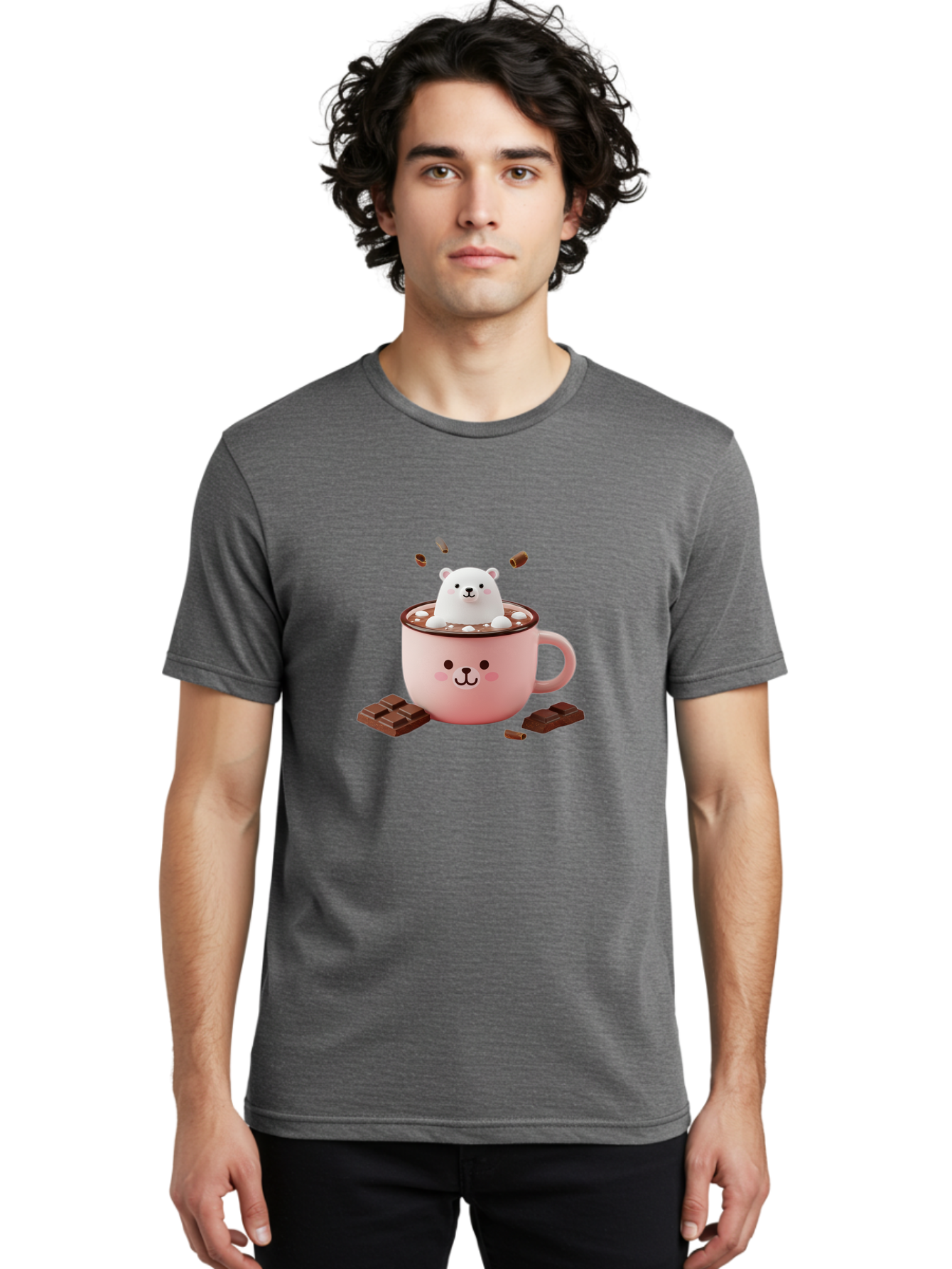Polar-Bear-Mug Men'S Graphic Tee, 100% Cotton, Comfortable Casual Summer Wear, Machine Washable, Polar Bear In A Pink Mug, Hot Chocolate, Marshmallows, Chocolate Bars, Bear Face, Cartoon Style, Kawaii, Cute, Winter Vibe, Cozy Atmosphere Bae659