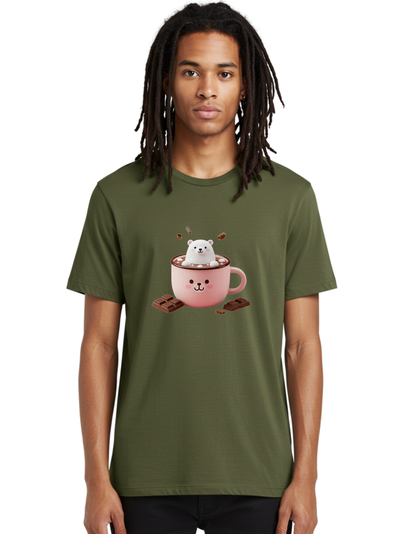 Polar-Bear-Mug Men'S Graphic Tee, 100% Cotton, Comfortable Casual Summer Wear, Machine Washable, Polar Bear In A Pink Mug, Hot Chocolate, Marshmallows, Chocolate Bars, Bear Face, Cartoon Style, Kawaii, Cute, Winter Vibe, Cozy Atmosphere Bae659