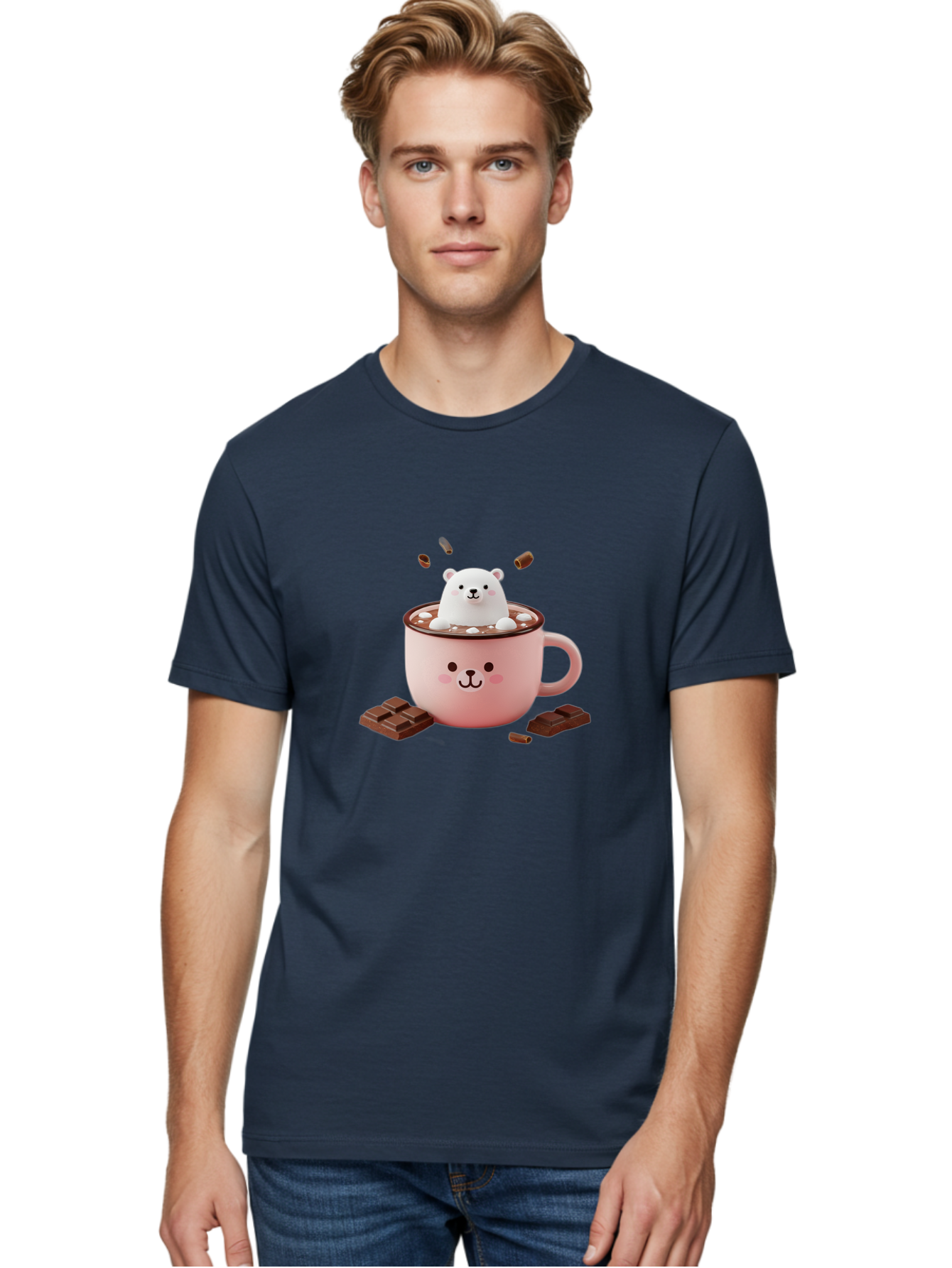 Polar-Bear-Mug Men'S Graphic Tee, 100% Cotton, Comfortable Casual Summer Wear, Machine Washable, Polar Bear In A Pink Mug, Hot Chocolate, Marshmallows, Chocolate Bars, Bear Face, Cartoon Style, Kawaii, Cute, Winter Vibe, Cozy Atmosphere Bae659