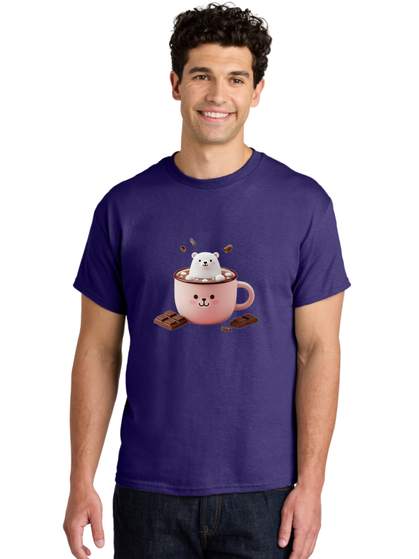 Polar-Bear-Mug Men'S Graphic Tee, 100% Cotton, Comfortable Casual Summer Wear, Machine Washable, Polar Bear In A Pink Mug, Hot Chocolate, Marshmallows, Chocolate Bars, Bear Face, Cartoon Style, Kawaii, Cute, Winter Vibe, Cozy Atmosphere Bae659