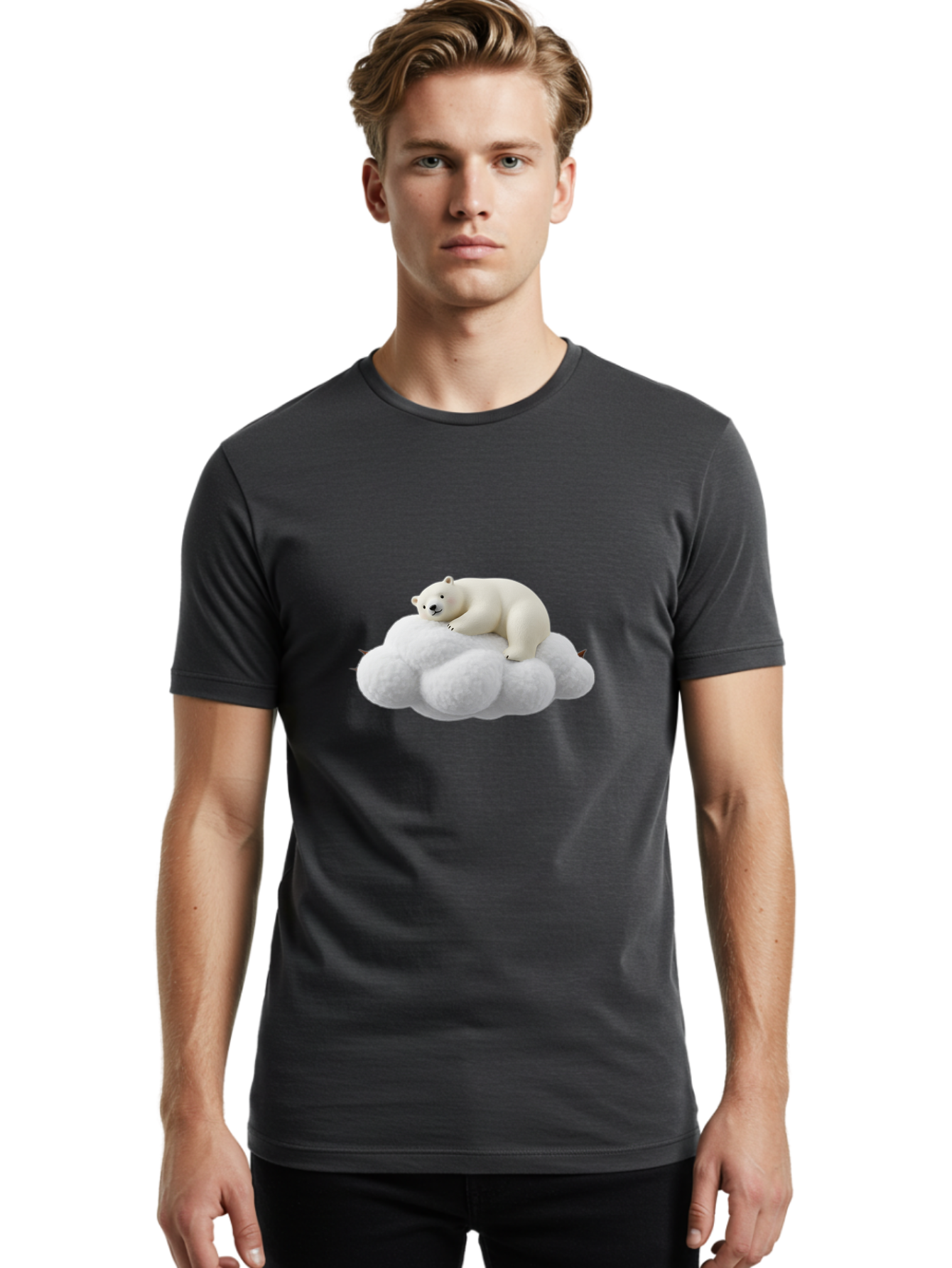 Polar-Bear-On-Cloud-1 Men'S Graphic Tee, 100% Cotton, Comfortable Casual Summer Wear, Machine Washable, Polar Bear Resting On Fluffy White Cloud, Serene Atmosphere, Dreamy Scene, Cute Wildlife, Peaceful Slumber, Adorable Polar Bear Bae660