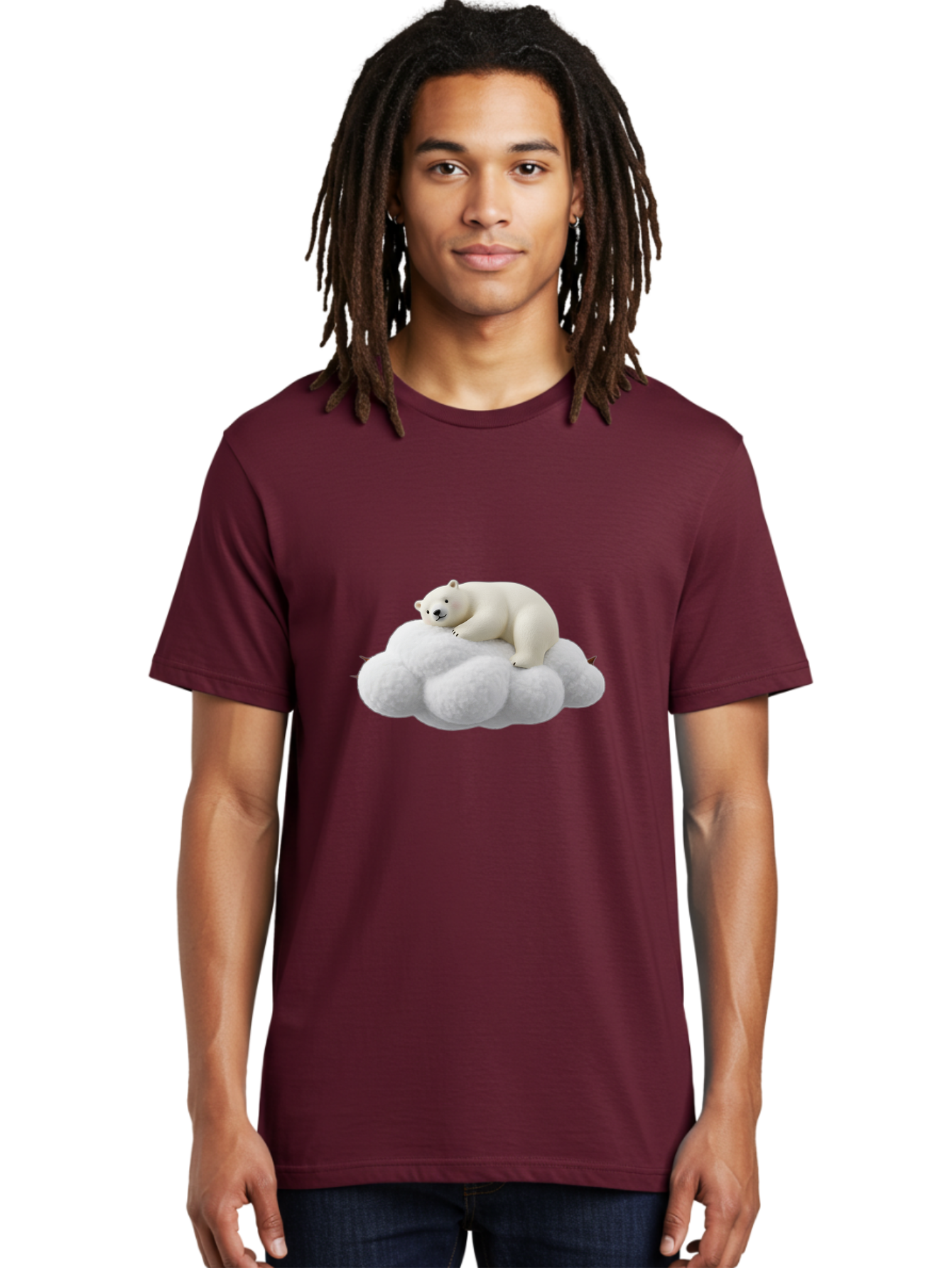 Polar-Bear-On-Cloud-1 Men'S Graphic Tee, 100% Cotton, Comfortable Casual Summer Wear, Machine Washable, Polar Bear Resting On Fluffy White Cloud, Serene Atmosphere, Dreamy Scene, Cute Wildlife, Peaceful Slumber, Adorable Polar Bear Bae660