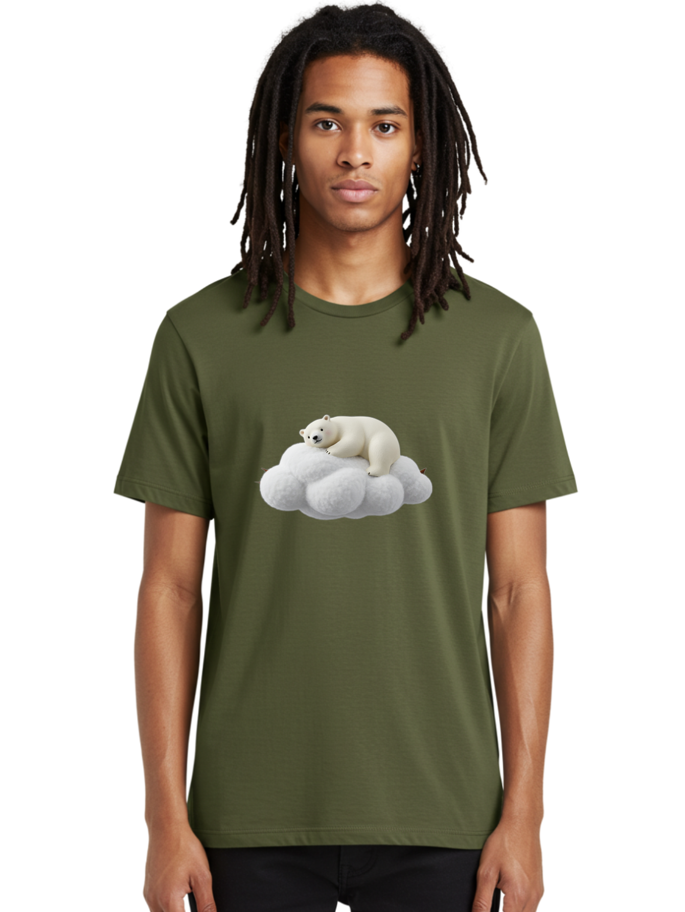 Polar-Bear-On-Cloud-1 Men'S Graphic Tee, 100% Cotton, Comfortable Casual Summer Wear, Machine Washable, Polar Bear Resting On Fluffy White Cloud, Serene Atmosphere, Dreamy Scene, Cute Wildlife, Peaceful Slumber, Adorable Polar Bear Bae660
