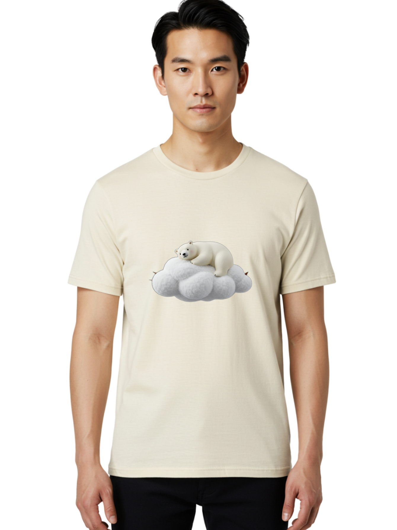 Polar-Bear-On-Cloud-1 Men'S Graphic Tee, 100% Cotton, Comfortable Casual Summer Wear, Machine Washable, Polar Bear Resting On Fluffy White Cloud, Serene Atmosphere, Dreamy Scene, Cute Wildlife, Peaceful Slumber, Adorable Polar Bear Bae660