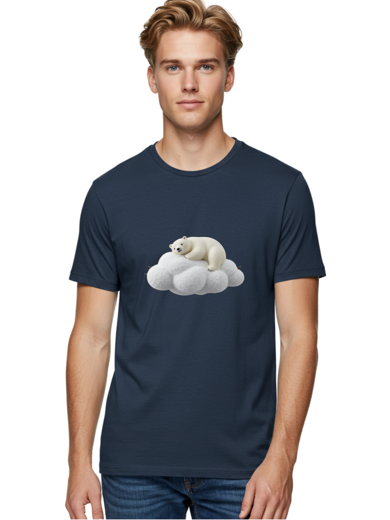 Polar-Bear-On-Cloud-1 Men'S Graphic Tee, 100% Cotton, Comfortable Casual Summer Wear, Machine Washable, Polar Bear Resting On Fluffy White Cloud, Serene Atmosphere, Dreamy Scene, Cute Wildlife, Peaceful Slumber, Adorable Polar Bear Bae660