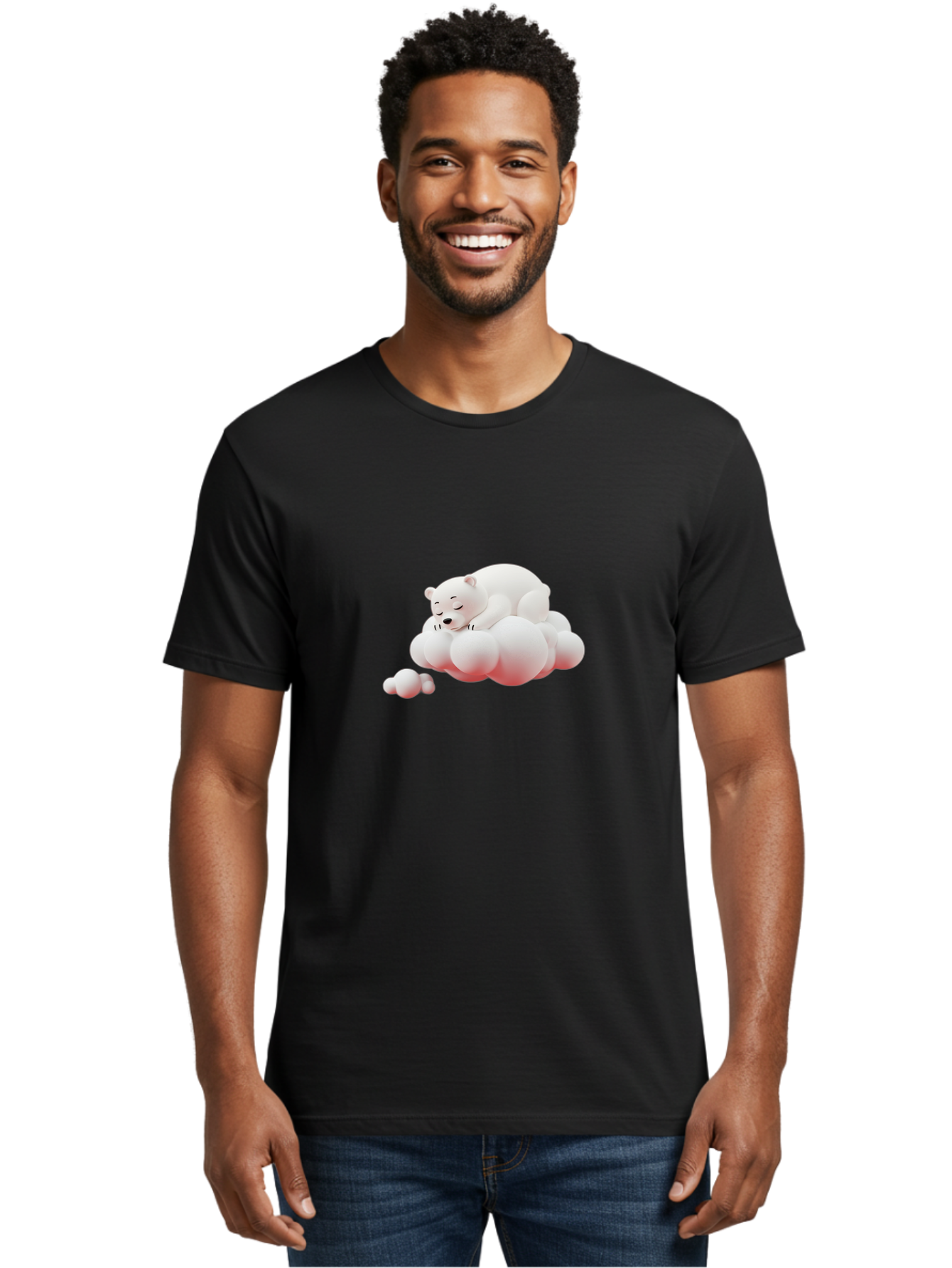 Polar-Bear-On-Cloud-2 Men'S Graphic Tee, 100% Cotton, Comfortable Casual Summer Wear, Machine Washable, Sleeping Polar Bear, Cartoon Character, Fluffy Clouds, Peaceful Scene, Adorable Animal, Dreamy Atmosphere, Cute Illustration, Digital Art, Bae661