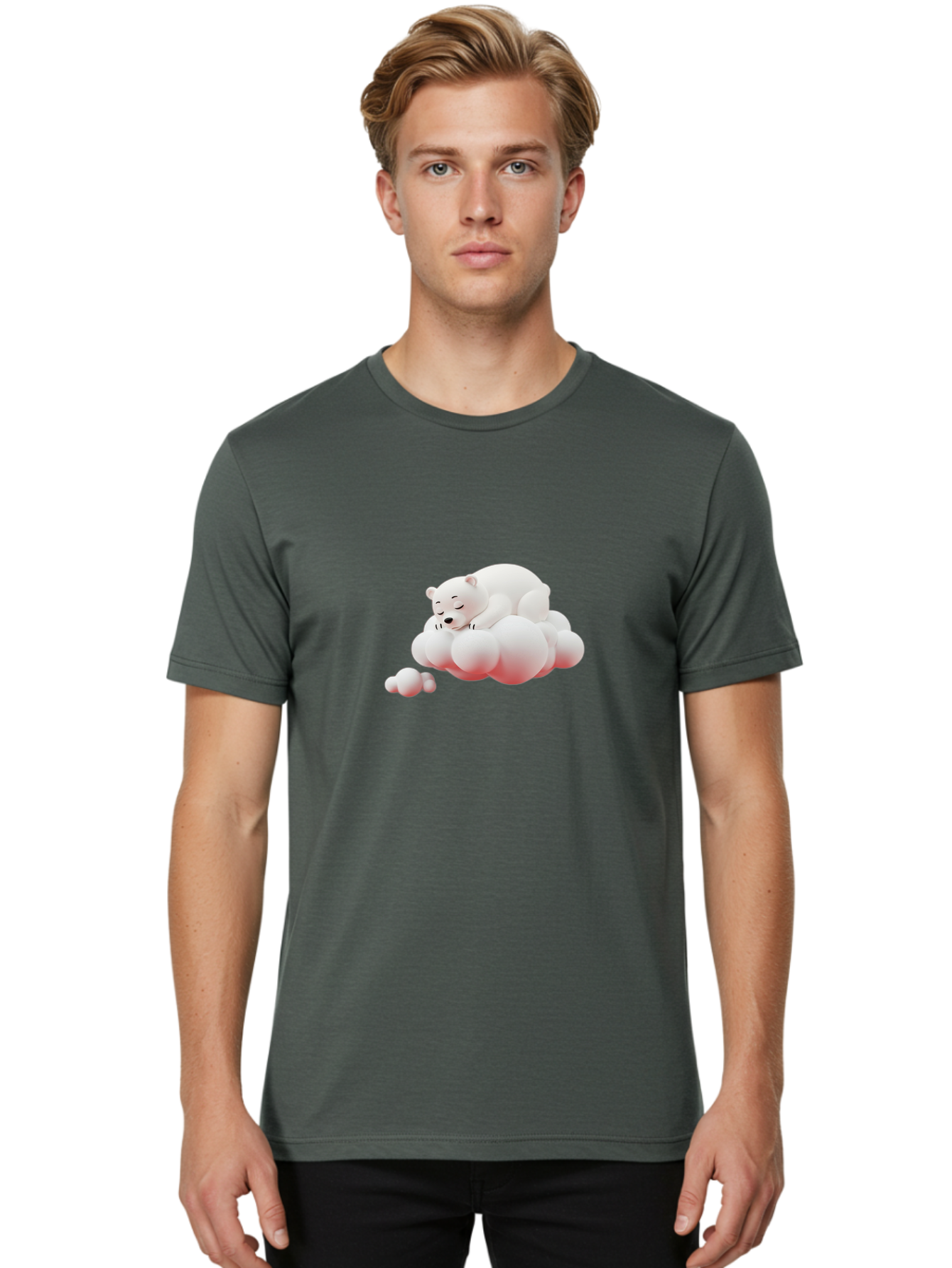 Polar-Bear-On-Cloud-2 Men'S Graphic Tee, 100% Cotton, Comfortable Casual Summer Wear, Machine Washable, Sleeping Polar Bear, Cartoon Character, Fluffy Clouds, Peaceful Scene, Adorable Animal, Dreamy Atmosphere, Cute Illustration, Digital Art, Bae661
