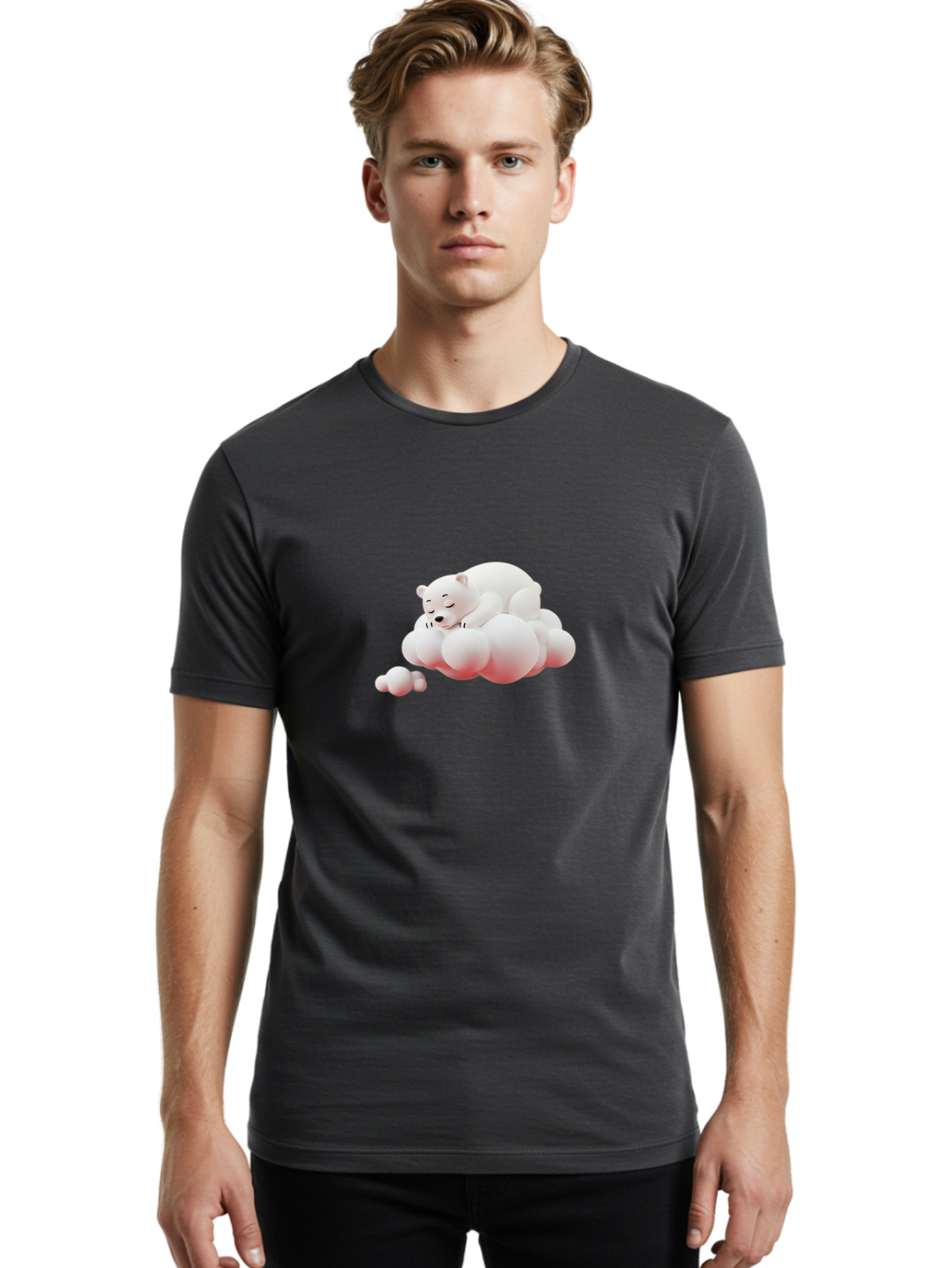 Polar-Bear-On-Cloud-2 Men'S Graphic Tee, 100% Cotton, Comfortable Casual Summer Wear, Machine Washable, Sleeping Polar Bear, Cartoon Character, Fluffy Clouds, Peaceful Scene, Adorable Animal, Dreamy Atmosphere, Cute Illustration, Digital Art, Bae661