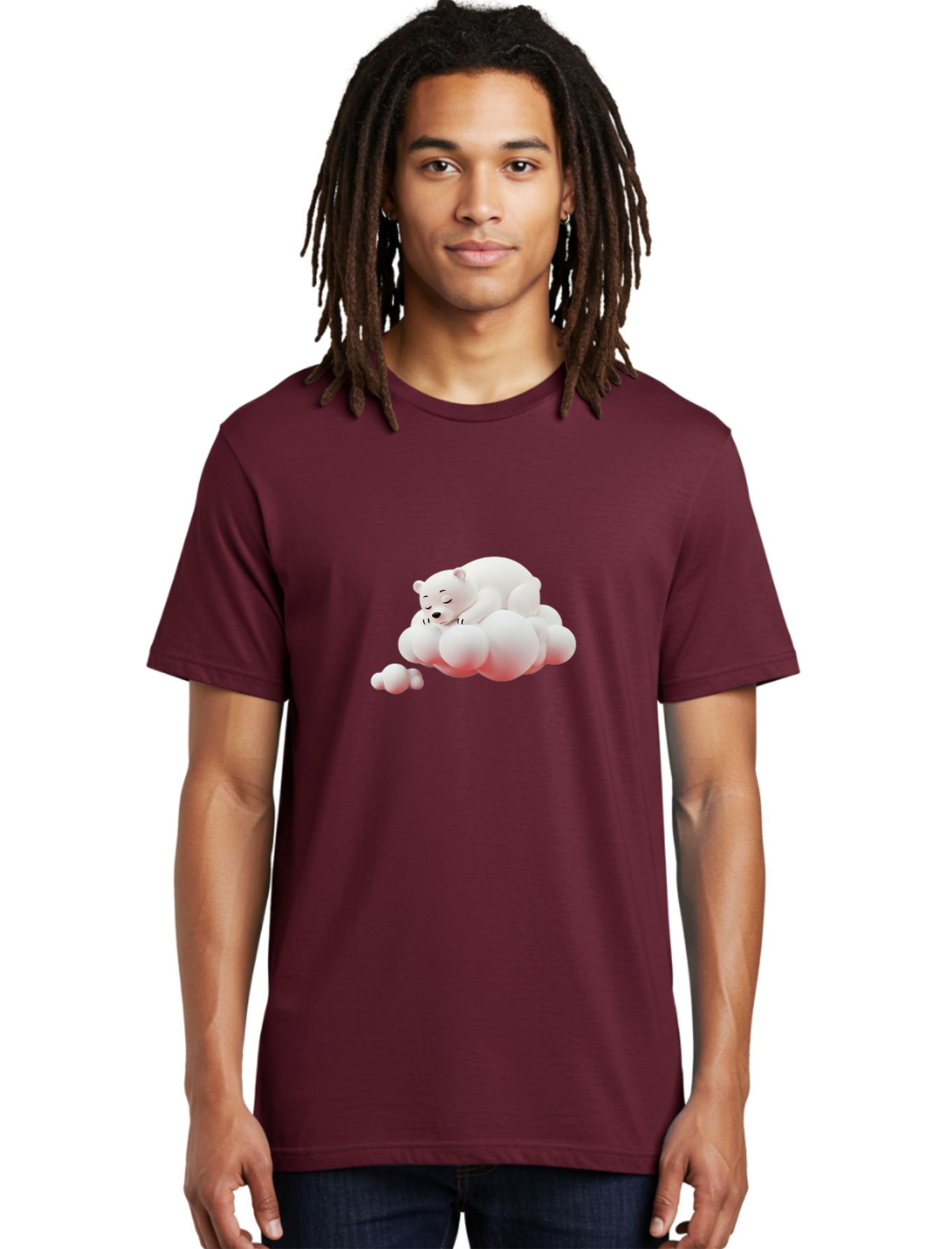 Polar-Bear-On-Cloud-2 Men'S Graphic Tee, 100% Cotton, Comfortable Casual Summer Wear, Machine Washable, Sleeping Polar Bear, Cartoon Character, Fluffy Clouds, Peaceful Scene, Adorable Animal, Dreamy Atmosphere, Cute Illustration, Digital Art, Bae661