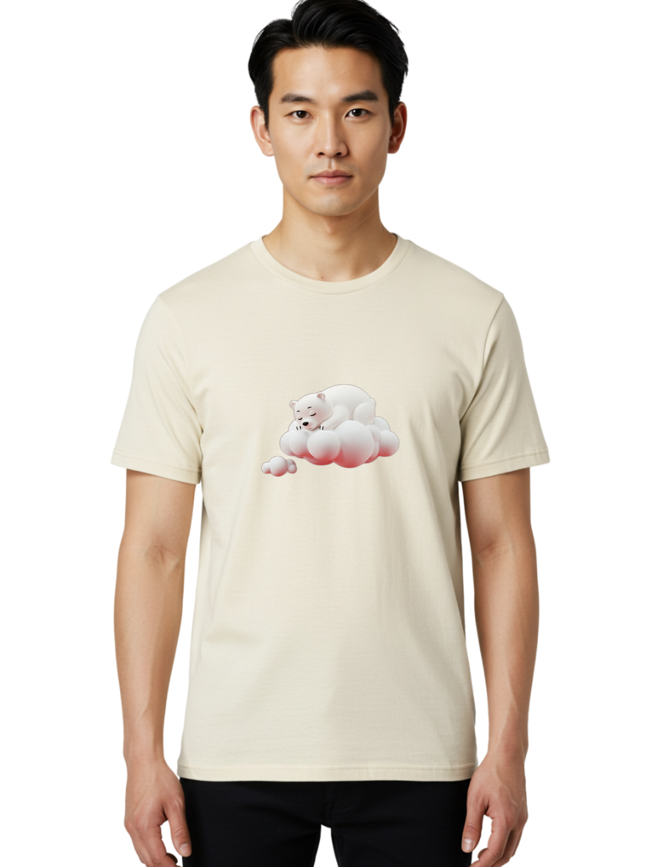Polar-Bear-On-Cloud-2 Men'S Graphic Tee, 100% Cotton, Comfortable Casual Summer Wear, Machine Washable, Sleeping Polar Bear, Cartoon Character, Fluffy Clouds, Peaceful Scene, Adorable Animal, Dreamy Atmosphere, Cute Illustration, Digital Art, Bae661