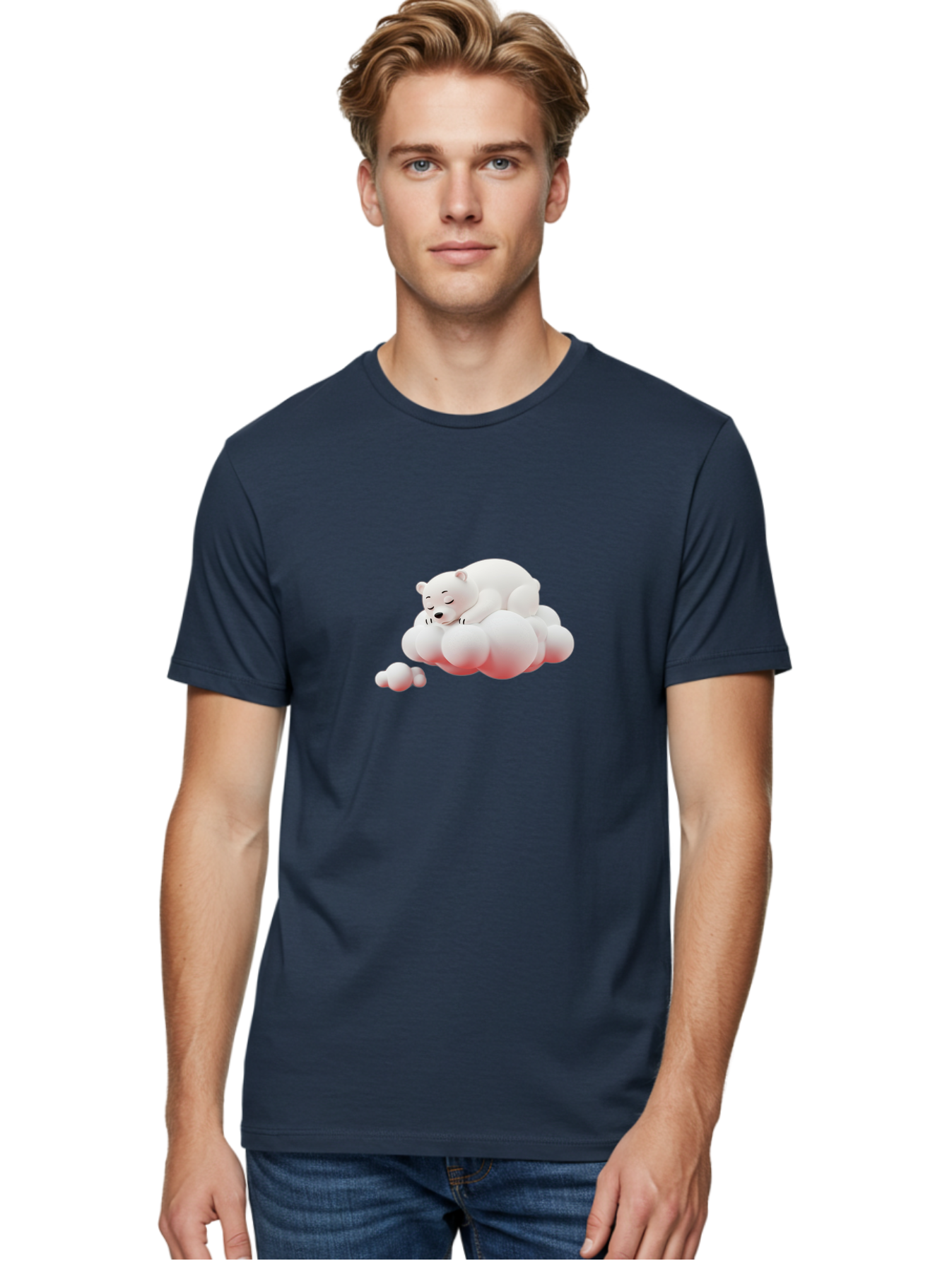Polar-Bear-On-Cloud-2 Men'S Graphic Tee, 100% Cotton, Comfortable Casual Summer Wear, Machine Washable, Sleeping Polar Bear, Cartoon Character, Fluffy Clouds, Peaceful Scene, Adorable Animal, Dreamy Atmosphere, Cute Illustration, Digital Art, Bae661