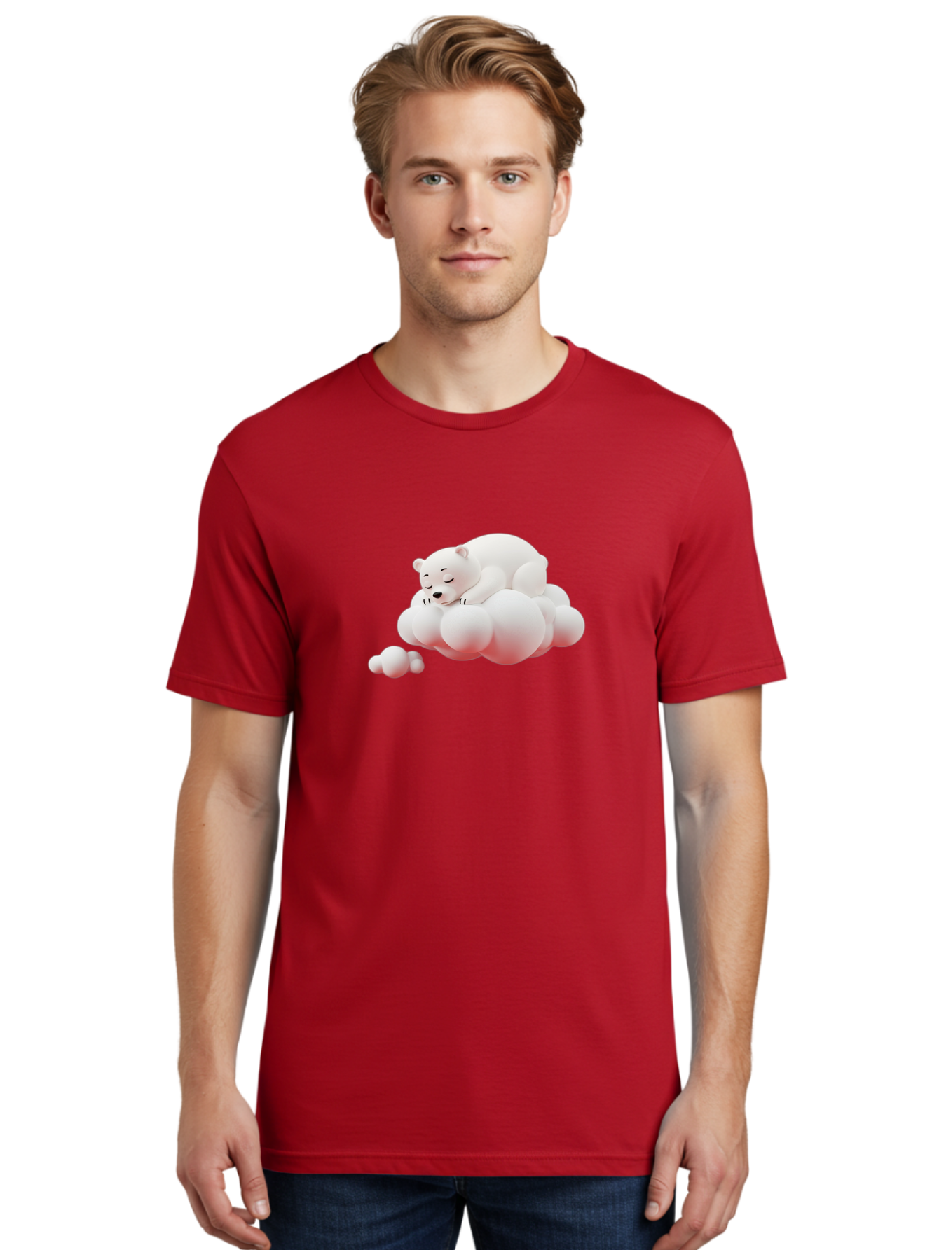 Polar-Bear-On-Cloud-2 Men'S Graphic Tee, 100% Cotton, Comfortable Casual Summer Wear, Machine Washable, Sleeping Polar Bear, Cartoon Character, Fluffy Clouds, Peaceful Scene, Adorable Animal, Dreamy Atmosphere, Cute Illustration, Digital Art, Bae661