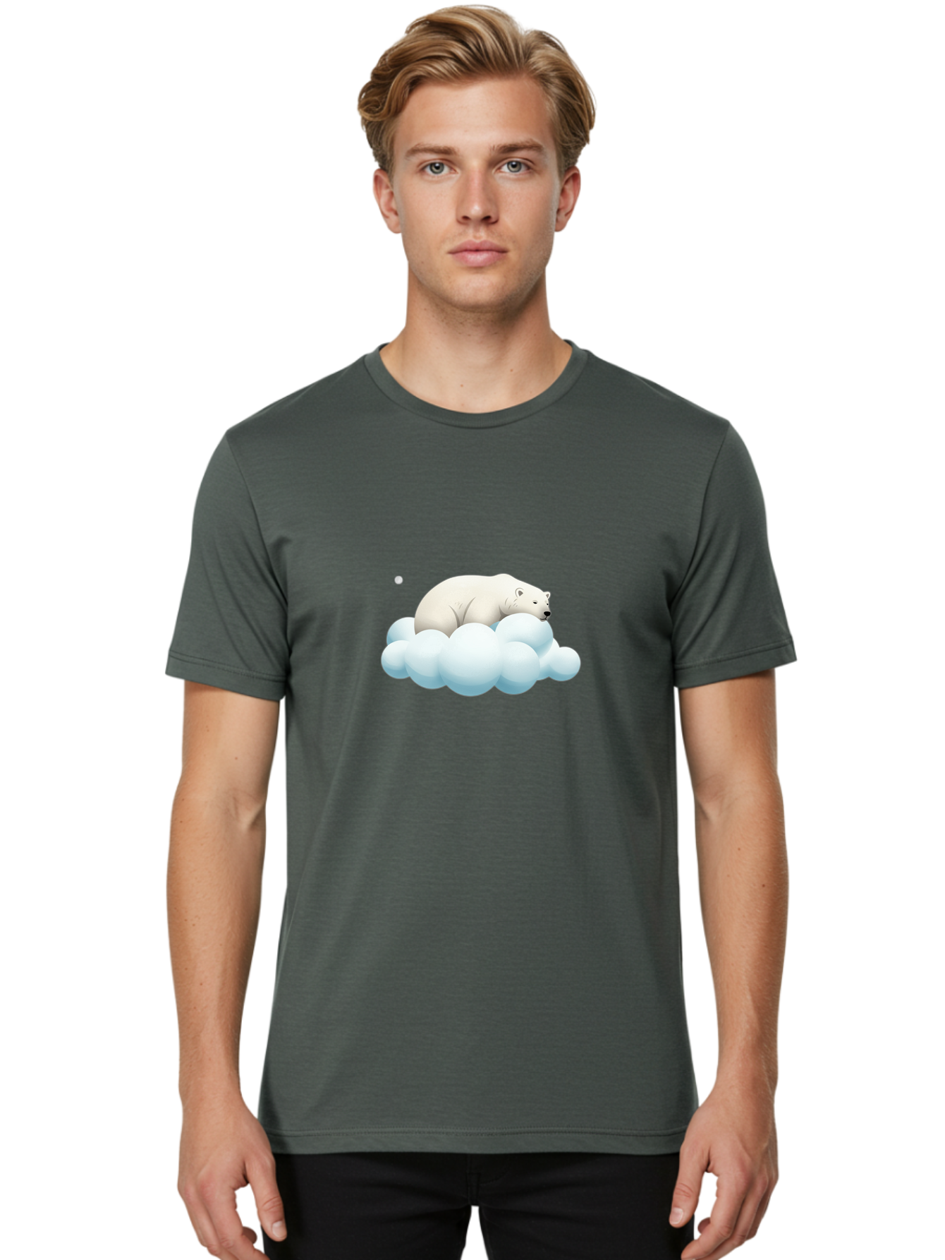 Polar-Bear-On-Cloud-3 Men'S Graphic Tee, 100% Cotton, Comfortable Casual Summer Wear, Machine Washable, Sleeping Polar Bear, Cloud, Serene Scene, Cute Cartoon, Digital Art, Fluffy Clouds, Polar Bear On Cloud, Dreamy Atmosphere, Bae662