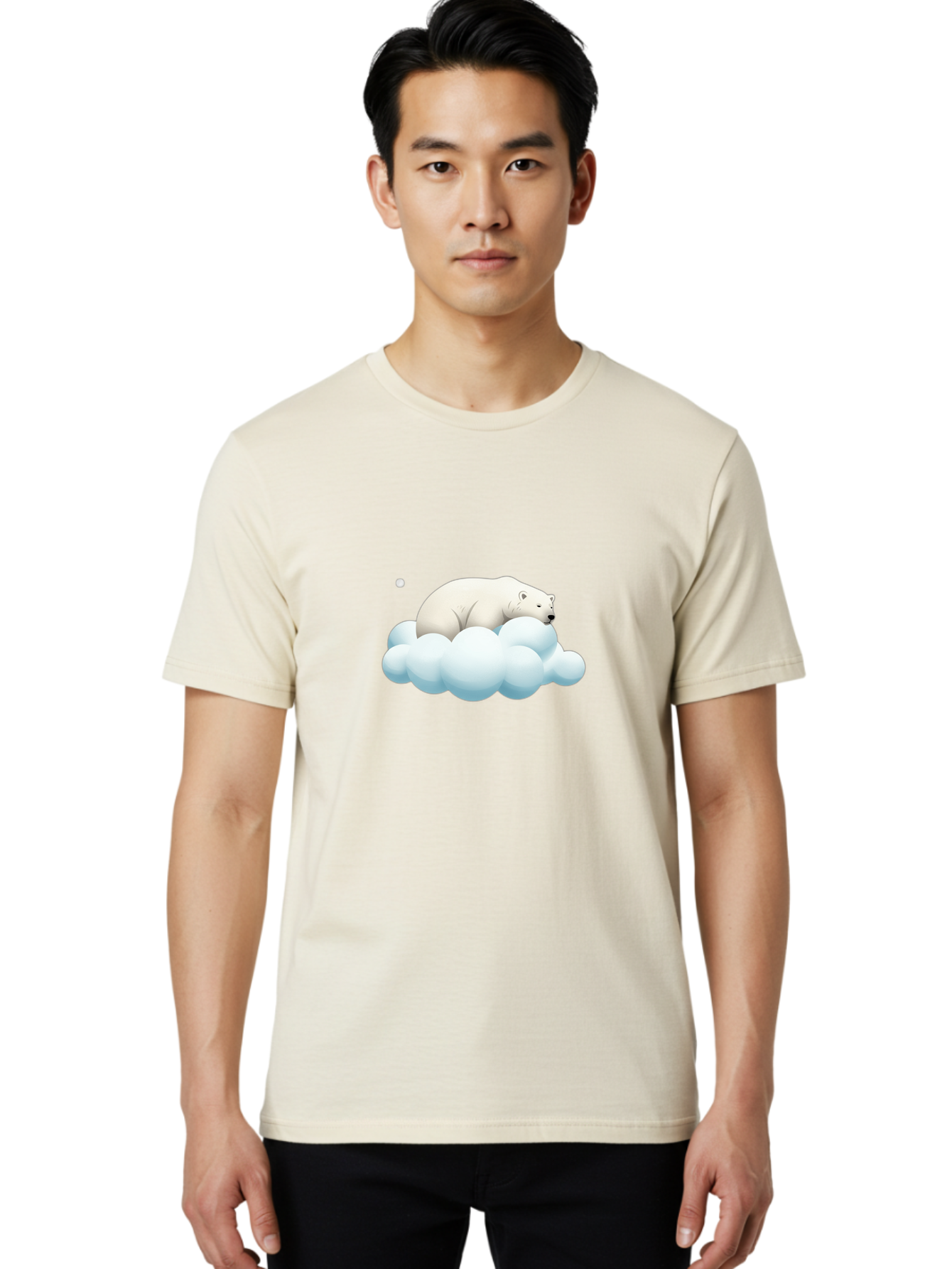 Polar-Bear-On-Cloud-3 Men'S Graphic Tee, 100% Cotton, Comfortable Casual Summer Wear, Machine Washable, Sleeping Polar Bear, Cloud, Serene Scene, Cute Cartoon, Digital Art, Fluffy Clouds, Polar Bear On Cloud, Dreamy Atmosphere, Bae662