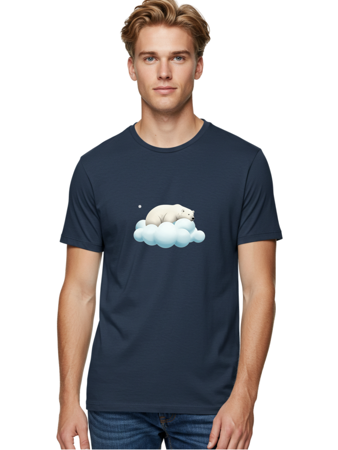 Polar-Bear-On-Cloud-3 Men'S Graphic Tee, 100% Cotton, Comfortable Casual Summer Wear, Machine Washable, Sleeping Polar Bear, Cloud, Serene Scene, Cute Cartoon, Digital Art, Fluffy Clouds, Polar Bear On Cloud, Dreamy Atmosphere, Bae662