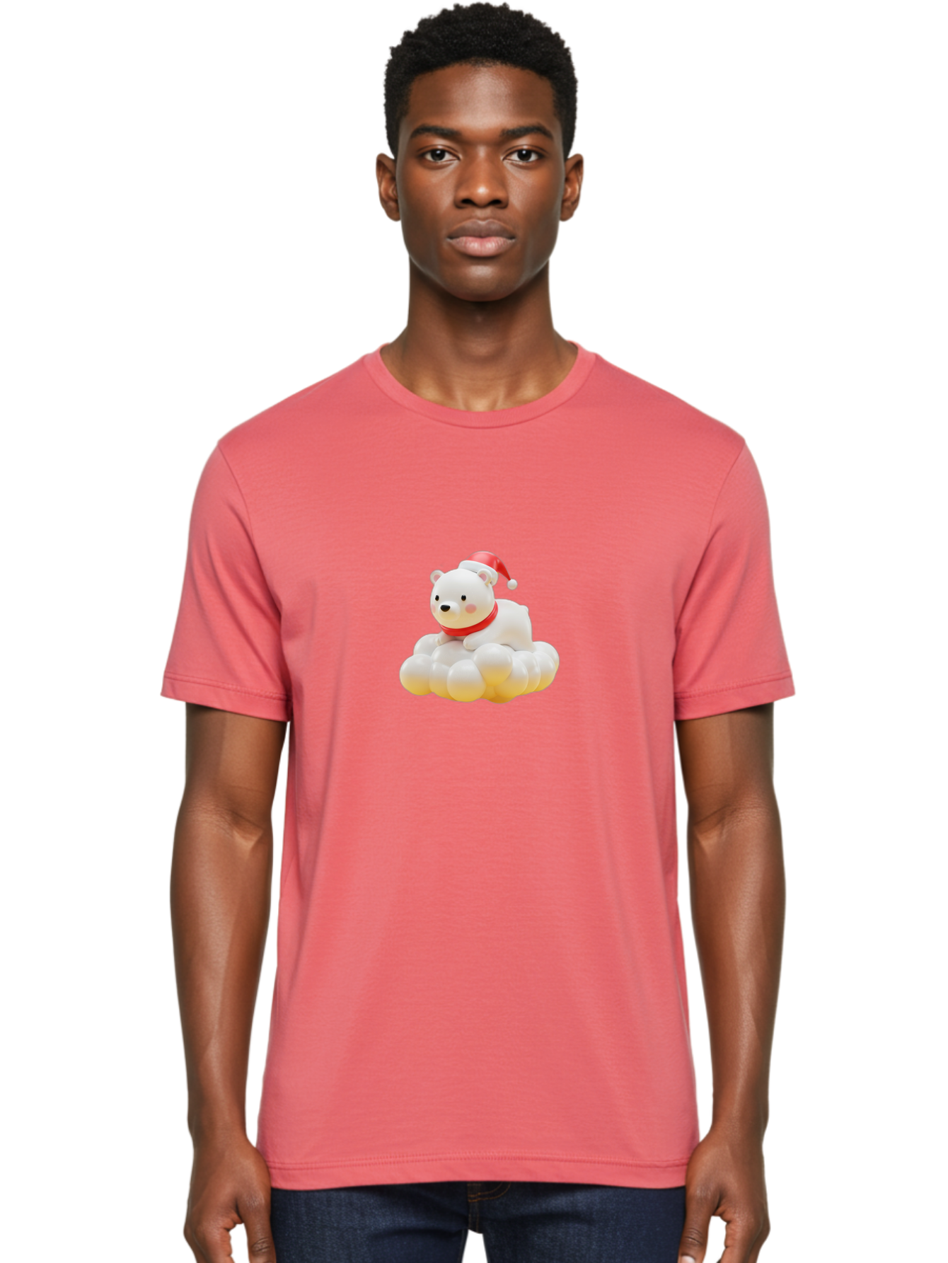 Polar-Bear-On-Cloud Men'S Graphic Tee, 100% Cotton, Comfortable Casual Summer Wear, Machine Washable, White Polar Bear, Red Santa Hat, Red Scarf, Cute Figurine, Christmas Decoration, Holiday Icon, Winter Wonderland, Festive Character Bae663