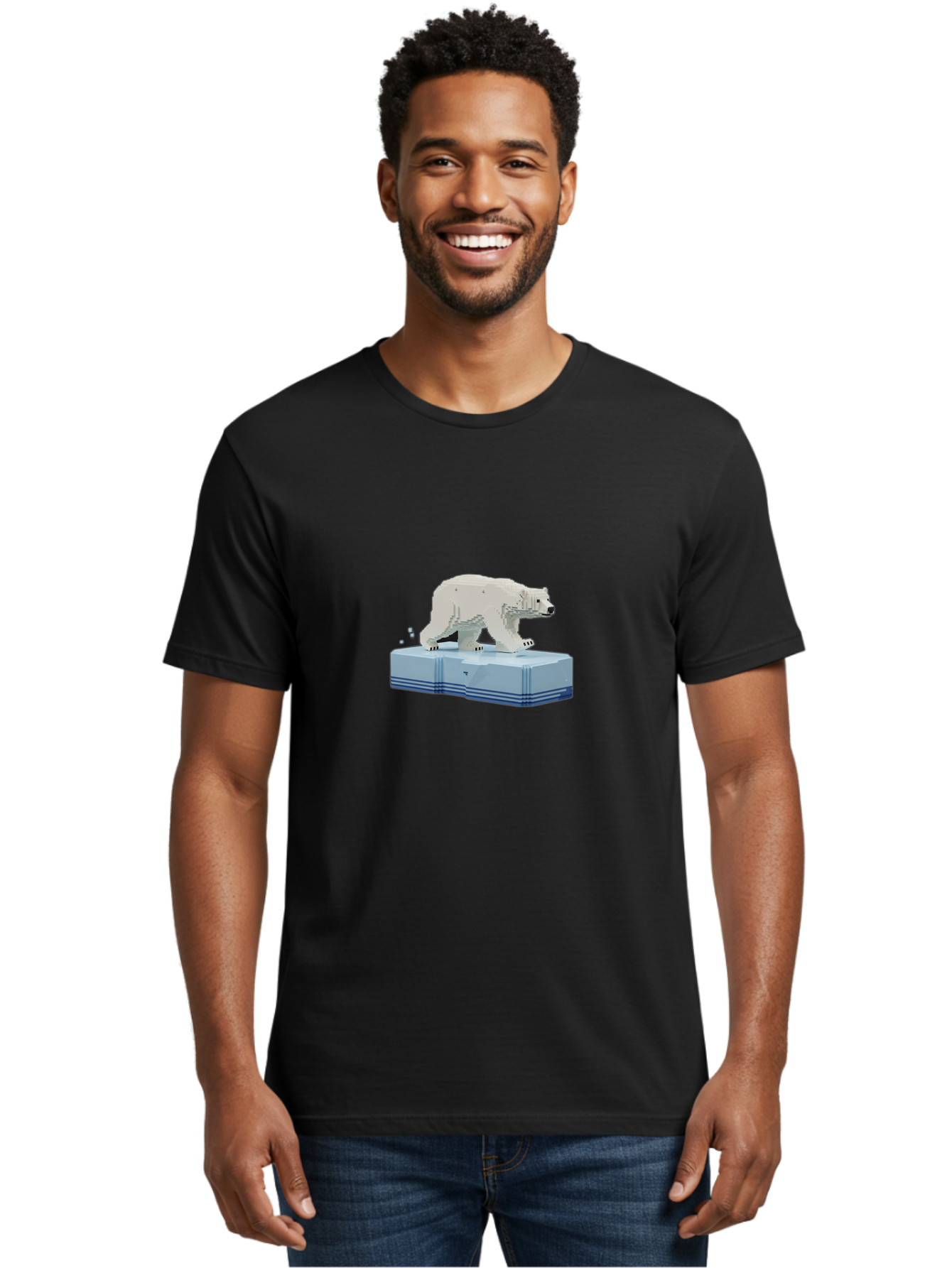 Polar-Bear-On-Iceberg-2 Men'S Graphic Tee, 100% Cotton, Comfortable Casual Summer Wear, Machine Washable, Polar Bear On Ice, 3D Model, White Bear, Arctic Wildlife, Frozen Landscape, Icy Platform, Digital Art, Low Poly, Pixelated Effect, Bae665