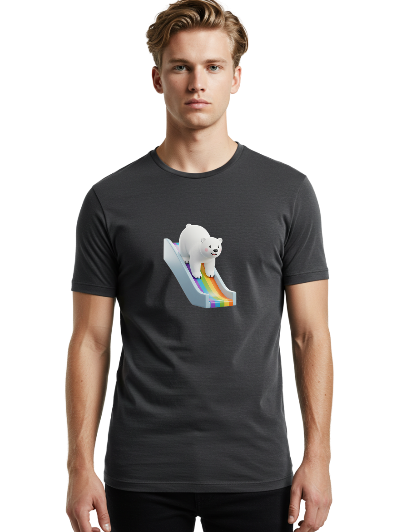 Polar-Bear-On-Slide Men'S Graphic Tee, 100% Cotton, Comfortable Casual Summer Wear, Machine Washable, Polar Bear On A Rainbow Slide, Cute Cartoon Bear, Playful Scene, 3D Illustration, Colorful Slide, Joyful Atmosphere, Kawaii Art, Bae667