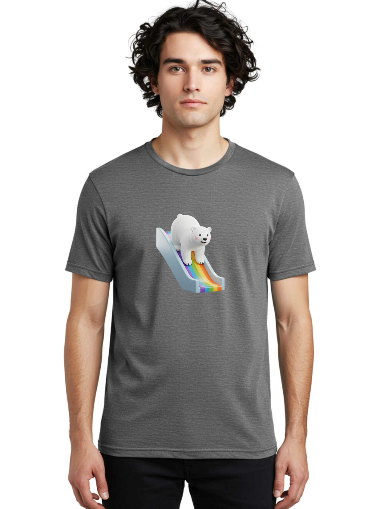 Polar-Bear-On-Slide Men'S Graphic Tee, 100% Cotton, Comfortable Casual Summer Wear, Machine Washable, Polar Bear On A Rainbow Slide, Cute Cartoon Bear, Playful Scene, 3D Illustration, Colorful Slide, Joyful Atmosphere, Kawaii Art, Bae667