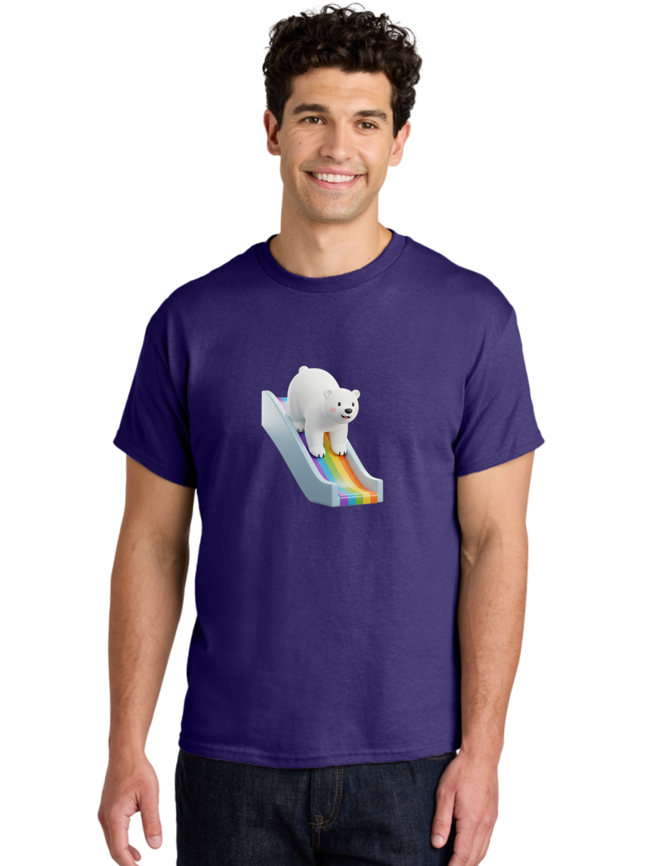 Polar-Bear-On-Slide Men'S Graphic Tee, 100% Cotton, Comfortable Casual Summer Wear, Machine Washable, Polar Bear On A Rainbow Slide, Cute Cartoon Bear, Playful Scene, 3D Illustration, Colorful Slide, Joyful Atmosphere, Kawaii Art, Bae667