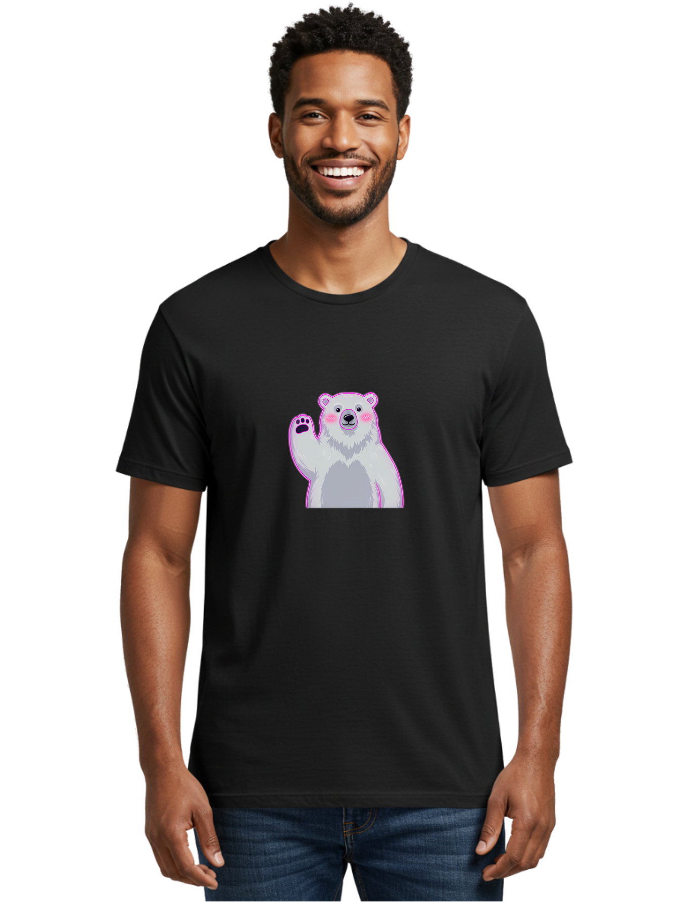 Polar-Bear-Waving Men'S Graphic Tee, 100% Cotton, Comfortable Casual Summer Wear, Machine Washable, Cartoon Polar Bear, Waving Hand, Cute Animal, Kawaii Illustration, Pink Cheeks, White Fur, Friendly Gesture, Adorable Character Bae669