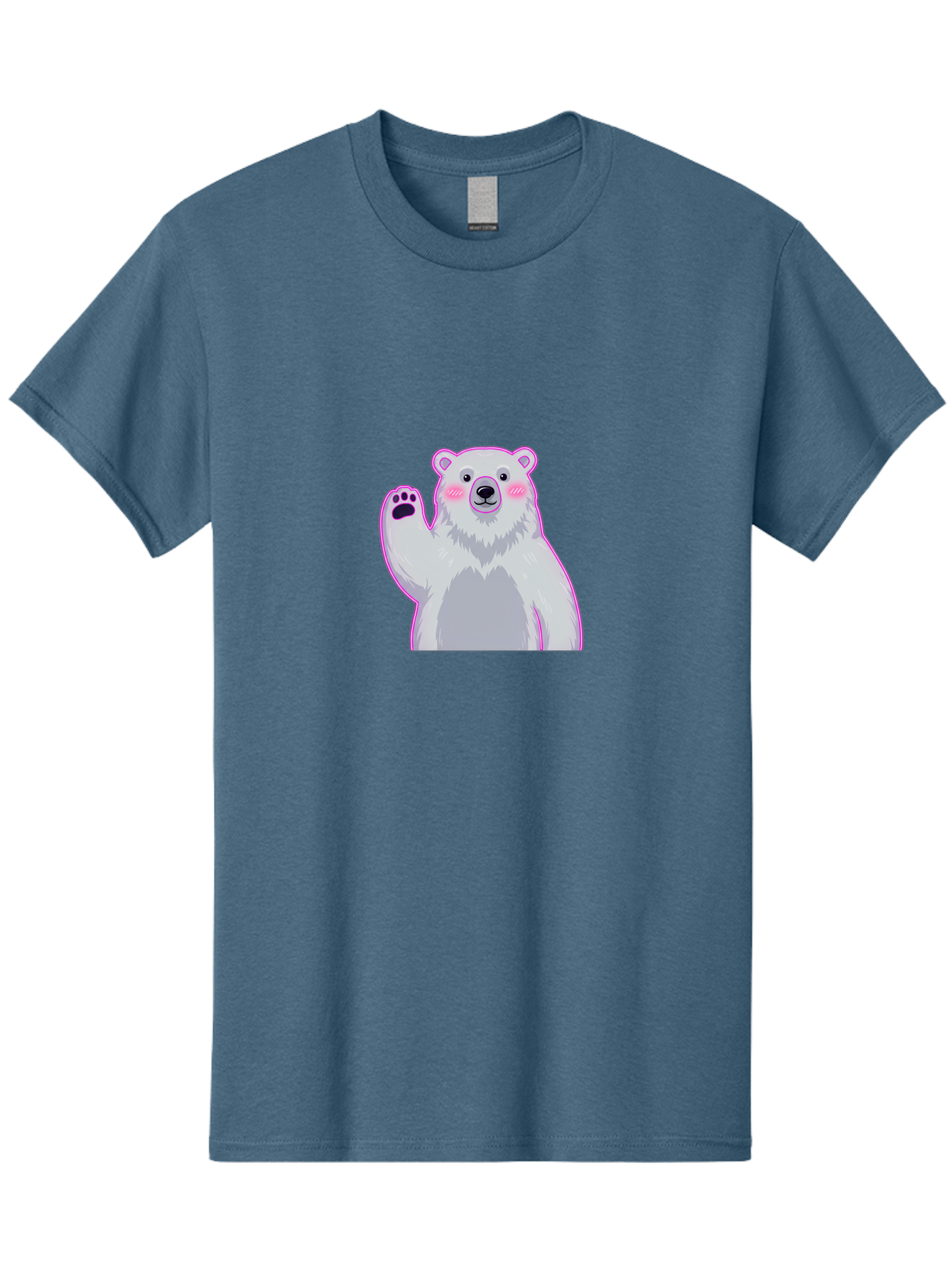 Polar-Bear-Waving Men'S Graphic Tee, 100% Cotton, Comfortable Casual Summer Wear, Machine Washable, Cartoon Polar Bear, Waving Hand, Cute Animal, Kawaii Illustration, Pink Cheeks, White Fur, Friendly Gesture, Adorable Character Bae669