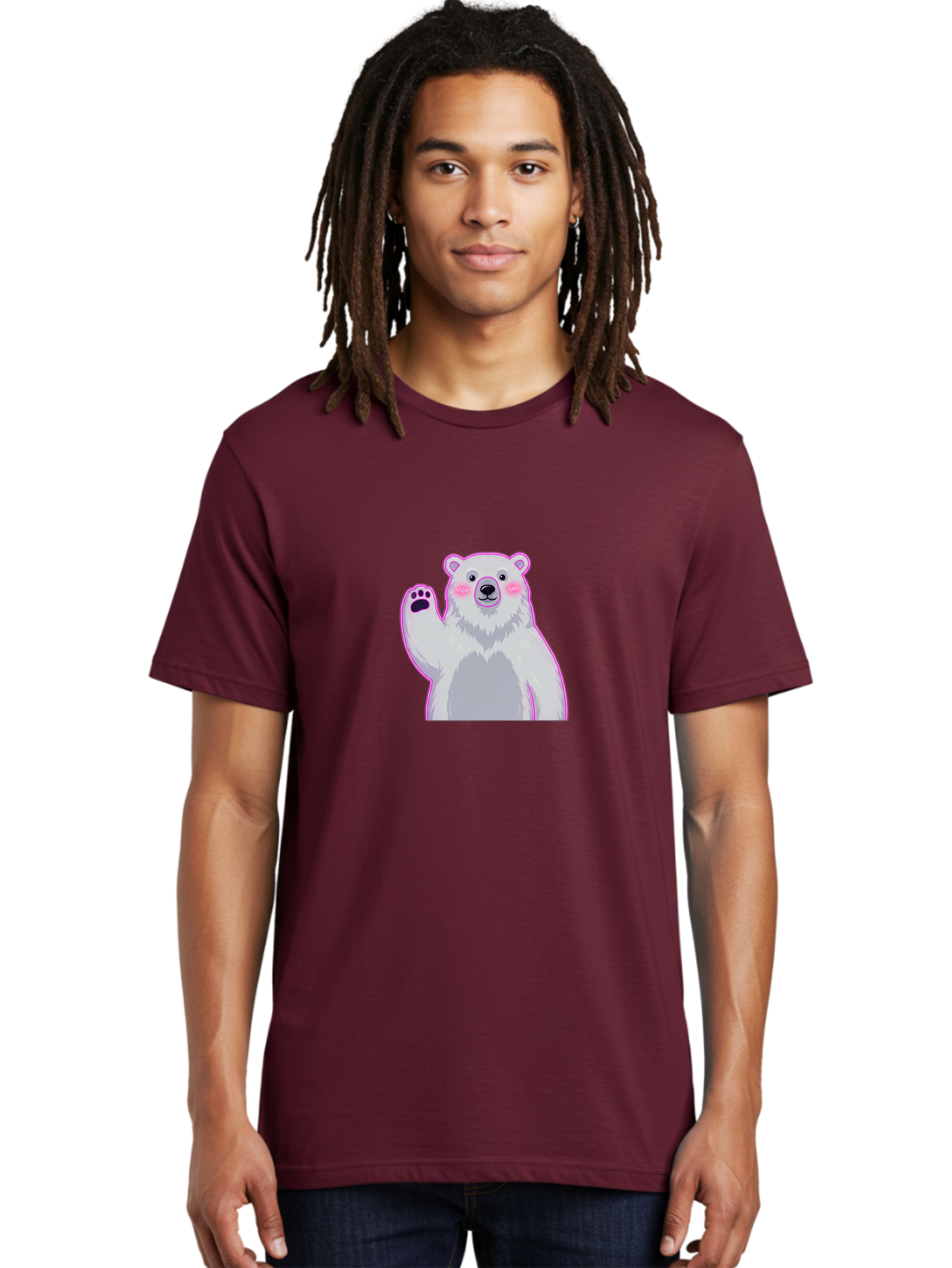 Polar-Bear-Waving Men'S Graphic Tee, 100% Cotton, Comfortable Casual Summer Wear, Machine Washable, Cartoon Polar Bear, Waving Hand, Cute Animal, Kawaii Illustration, Pink Cheeks, White Fur, Friendly Gesture, Adorable Character Bae669